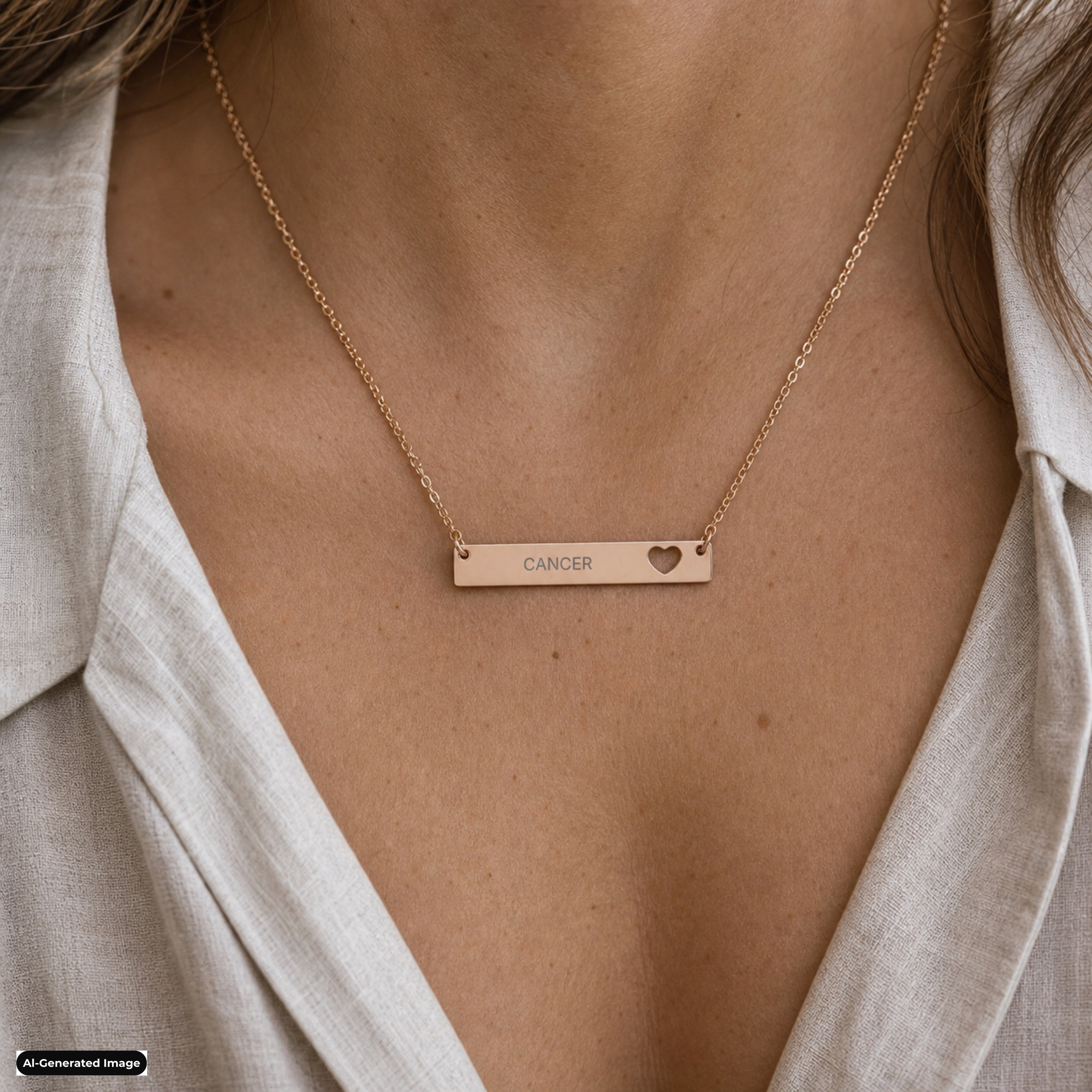 Cancer zodiac necklace, engraved cutout heart bar pendant in 18K Rose Gold PVD, worn on model, on-neck lifestyle (AI-generated image)