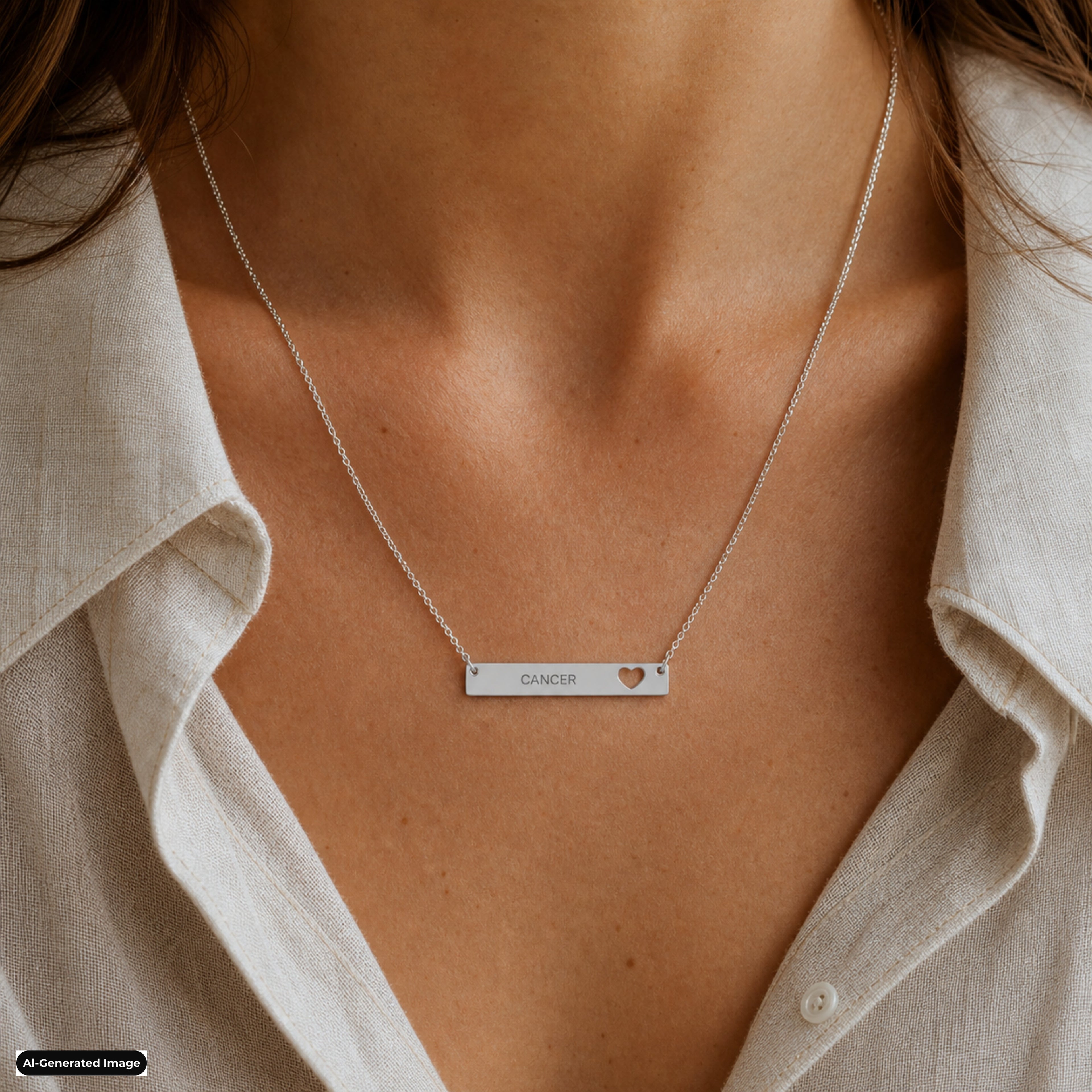 Cancer zodiac necklace, engraved cutout heart bar pendant in stainless steel, worn on model, on-neck lifestyle (AI-generated image)