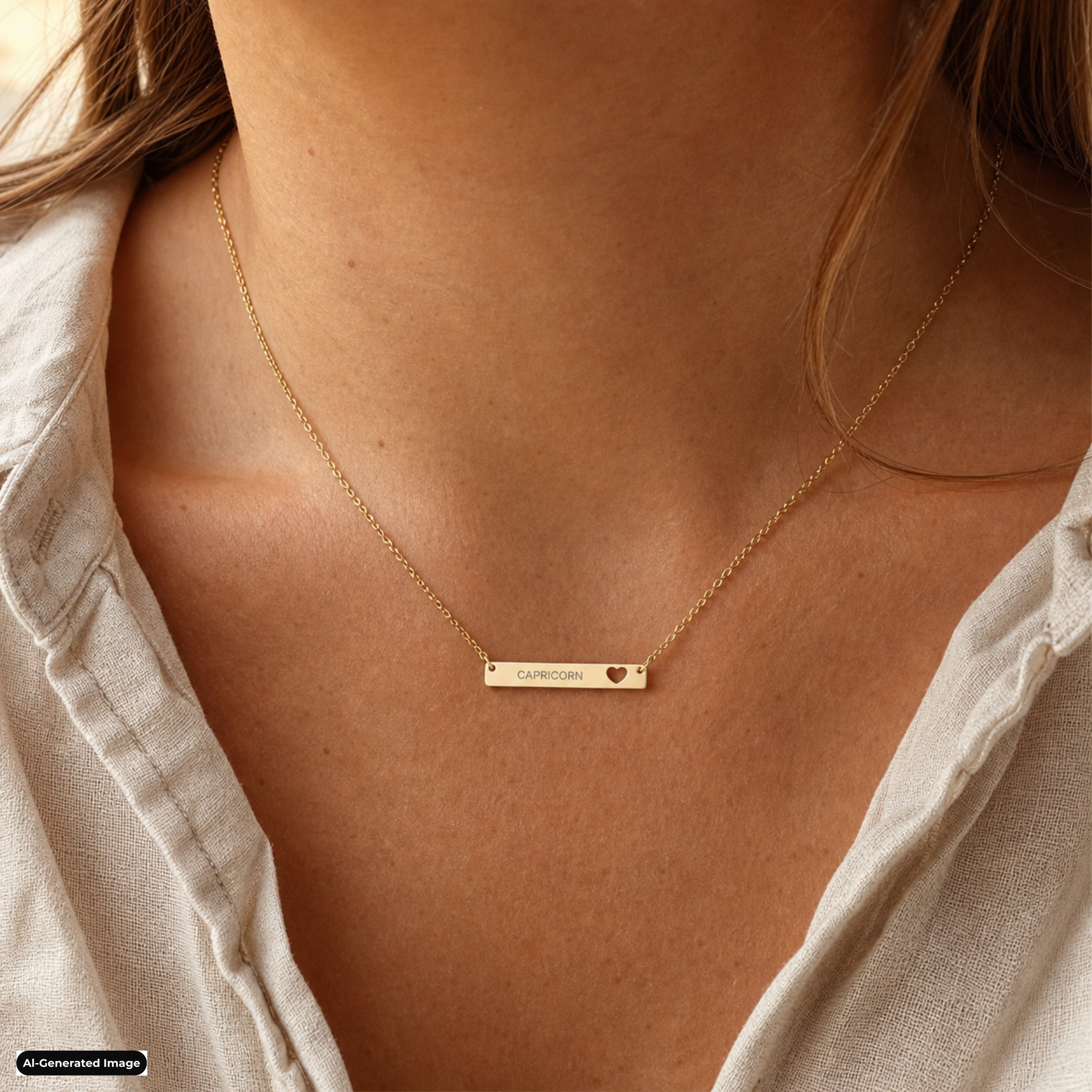 Capricorn Cutout Heart Bar necklace worn on model lifestyle in gold (AI-generated image)