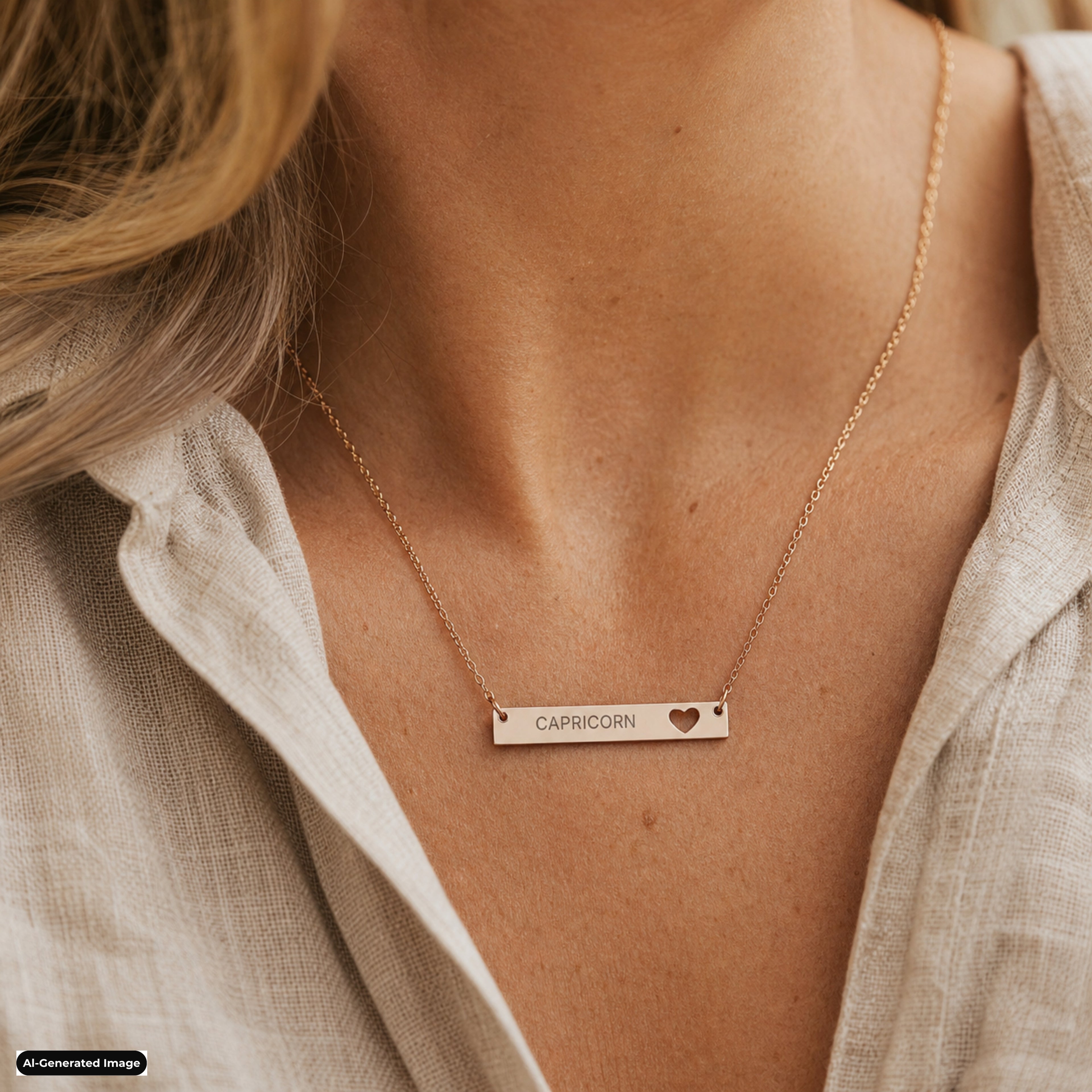 Capricorn Cutout Heart Bar necklace worn on model lifestyle in rose-gold (AI-generated image)