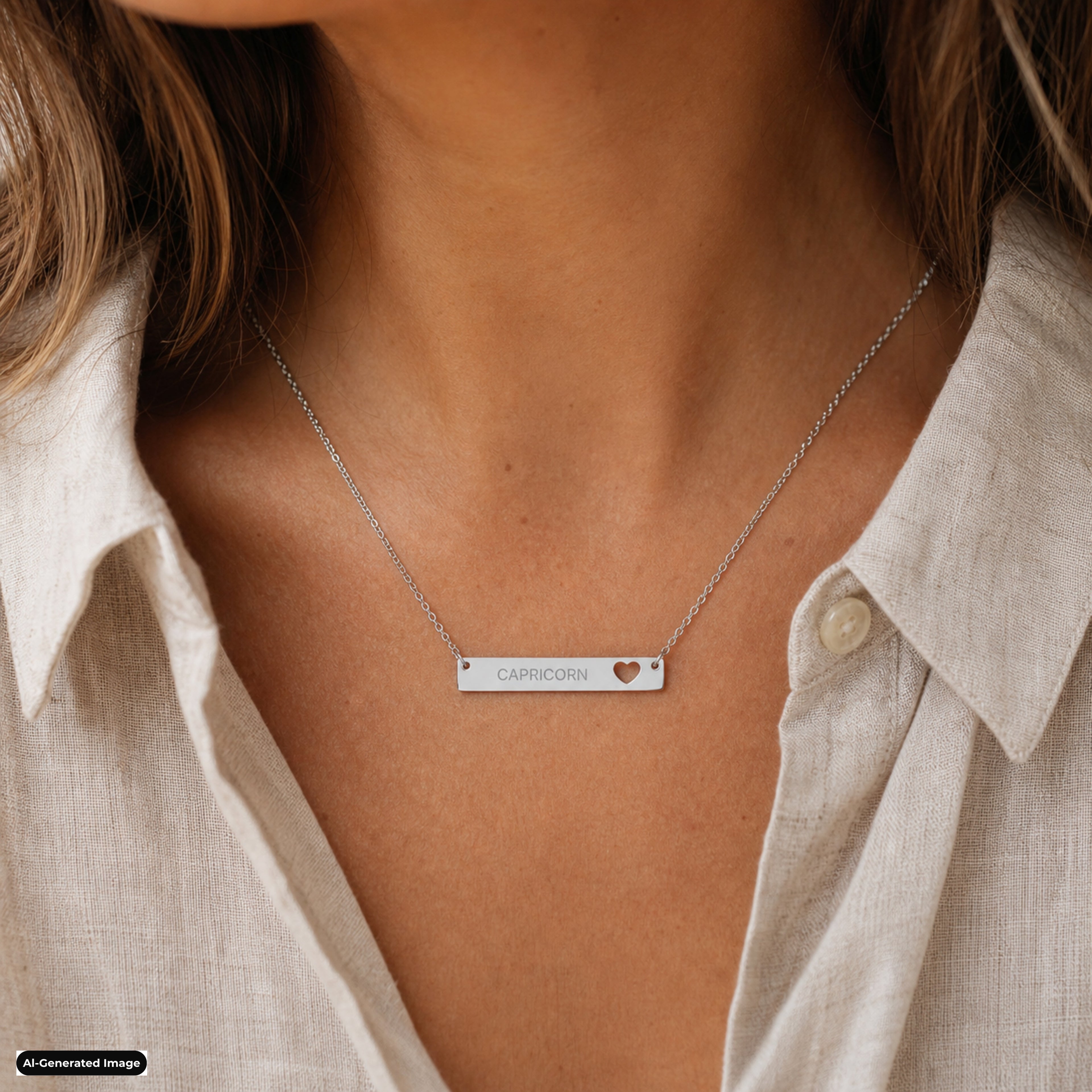 Capricorn Cutout Heart Bar necklace worn on model lifestyle in stainless (AI-generated image)