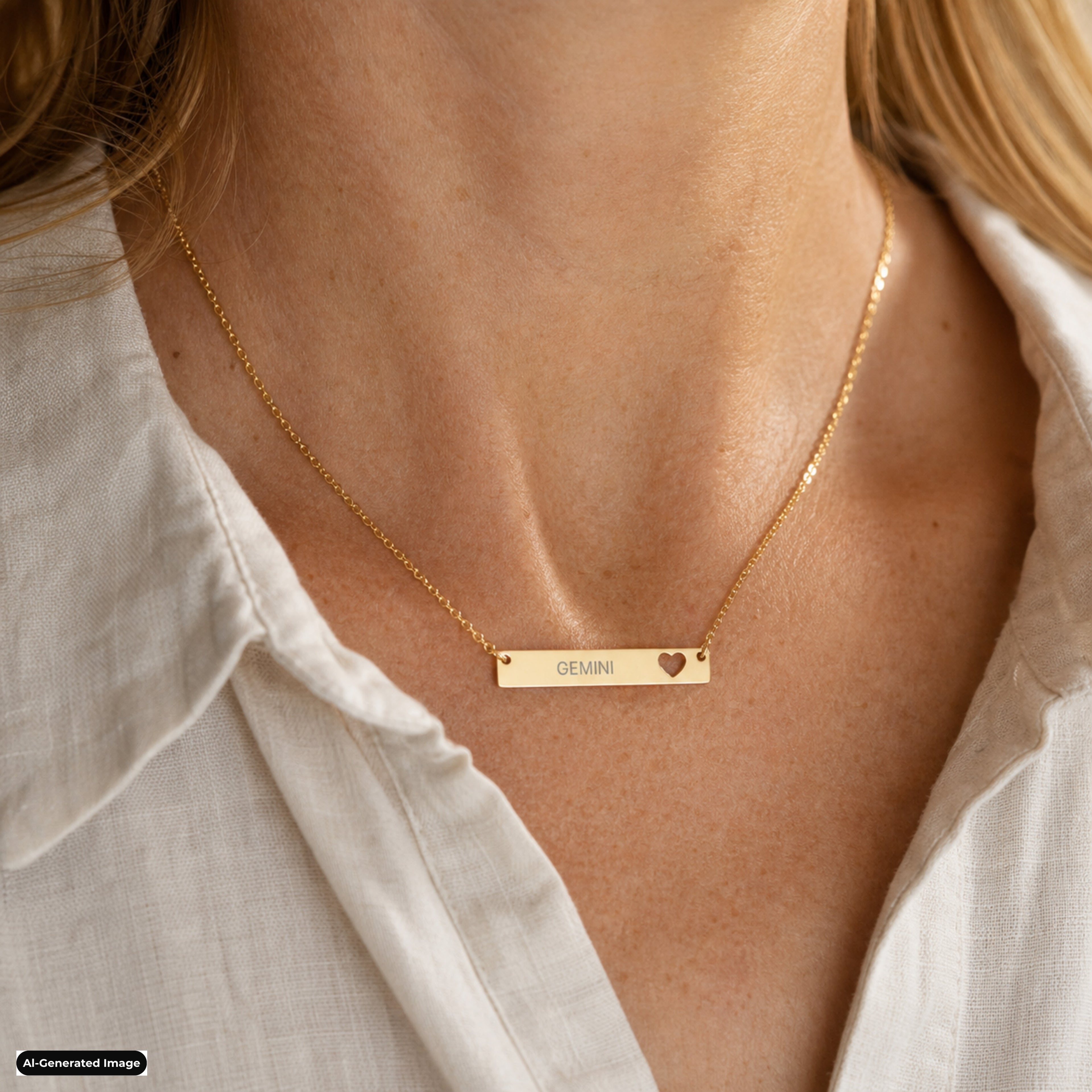 Gemini Cutout Heart Bar necklace worn on model lifestyle in gold (AI-generated image)