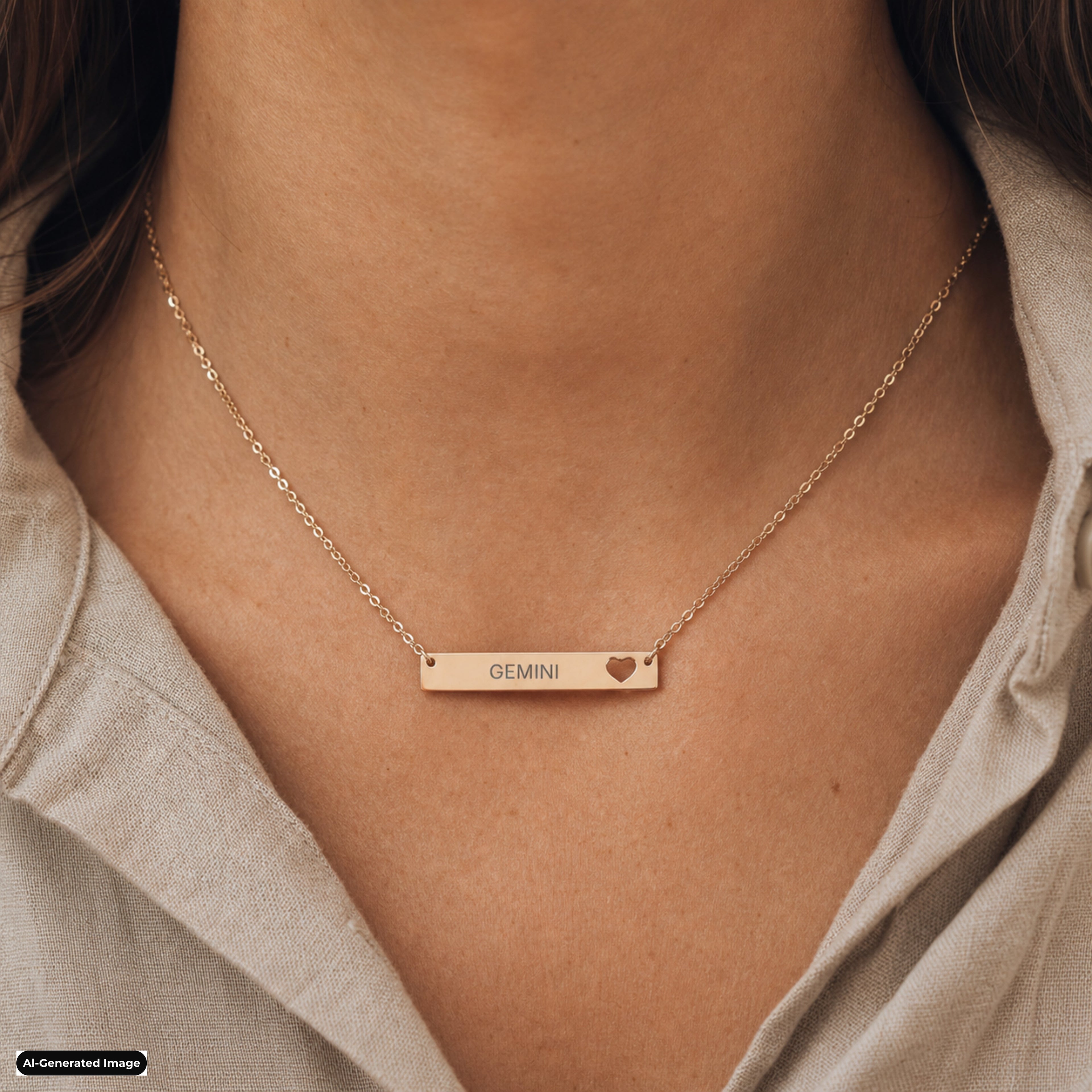 Gemini Cutout Heart Bar necklace worn on model lifestyle in rose-gold (AI-generated image)