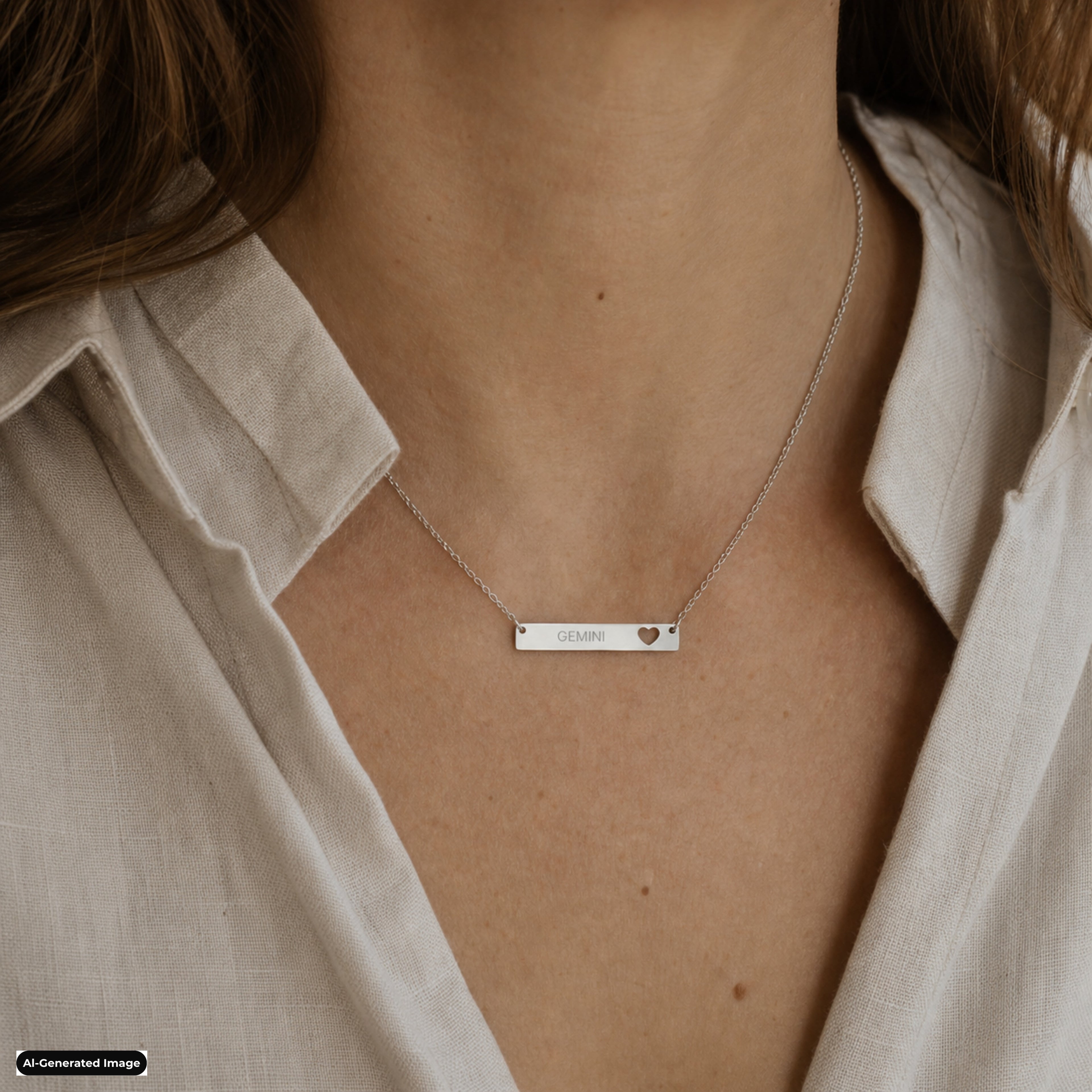 Gemini Cutout Heart Bar necklace worn on model lifestyle in stainless (AI-generated image)