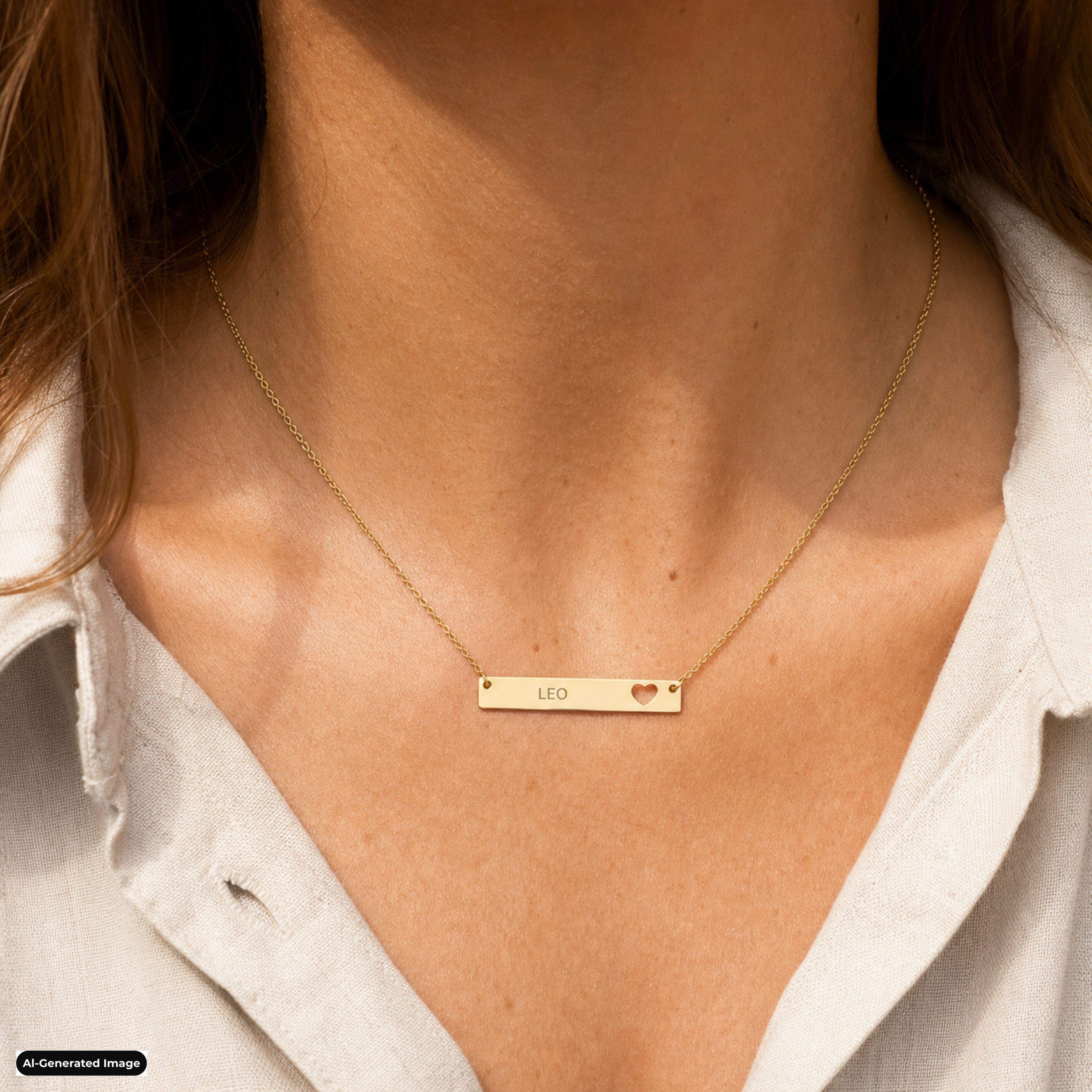 Leo Cutout Heart Bar necklace worn on model lifestyle in gold (AI-generated image)