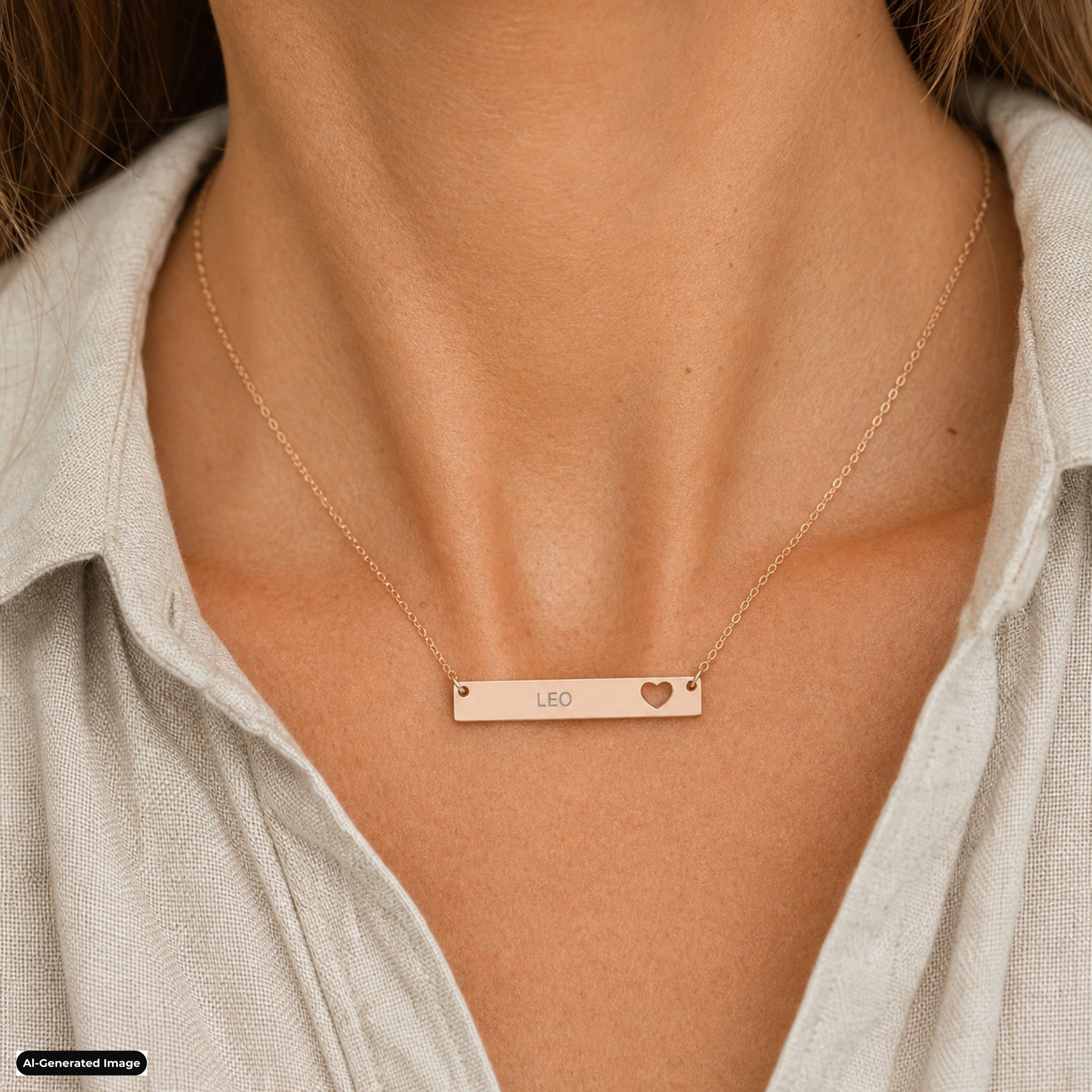 Leo Cutout Heart Bar necklace worn on model lifestyle in rose-gold (AI-generated image)