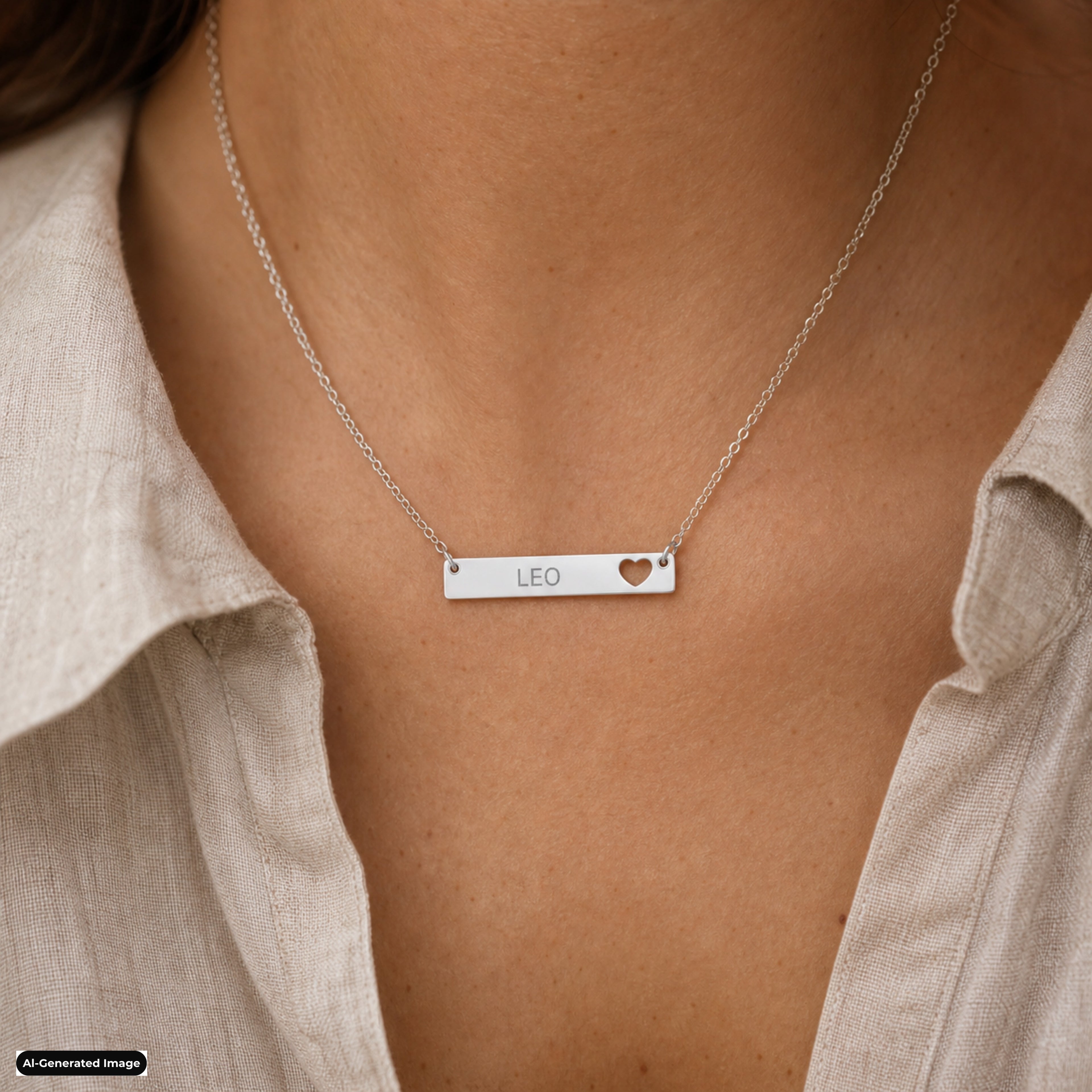 Leo Cutout Heart Bar necklace worn on model lifestyle in stainless (AI-generated image)