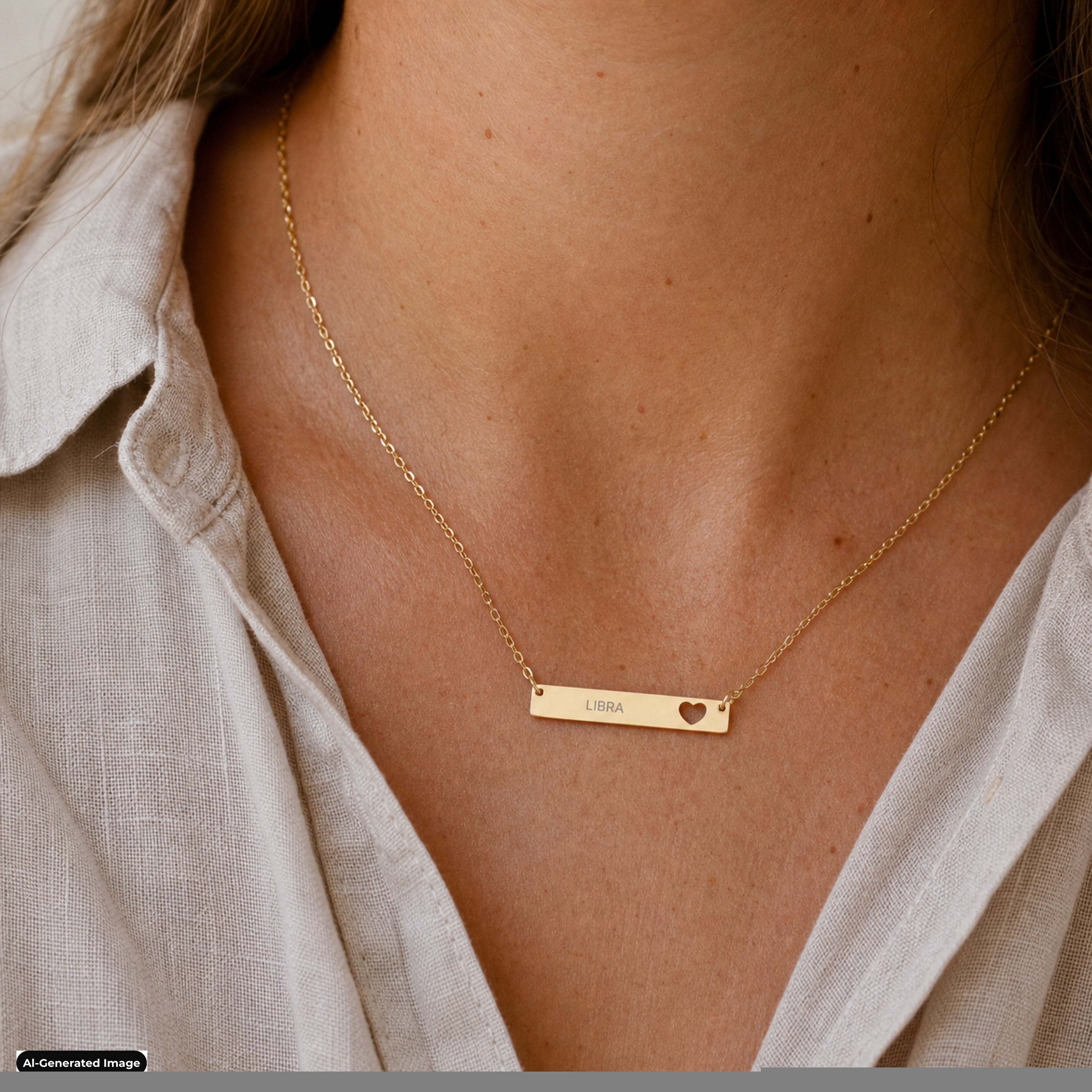 Libra Cutout Heart Bar necklace worn on model lifestyle in gold (AI-generated image)