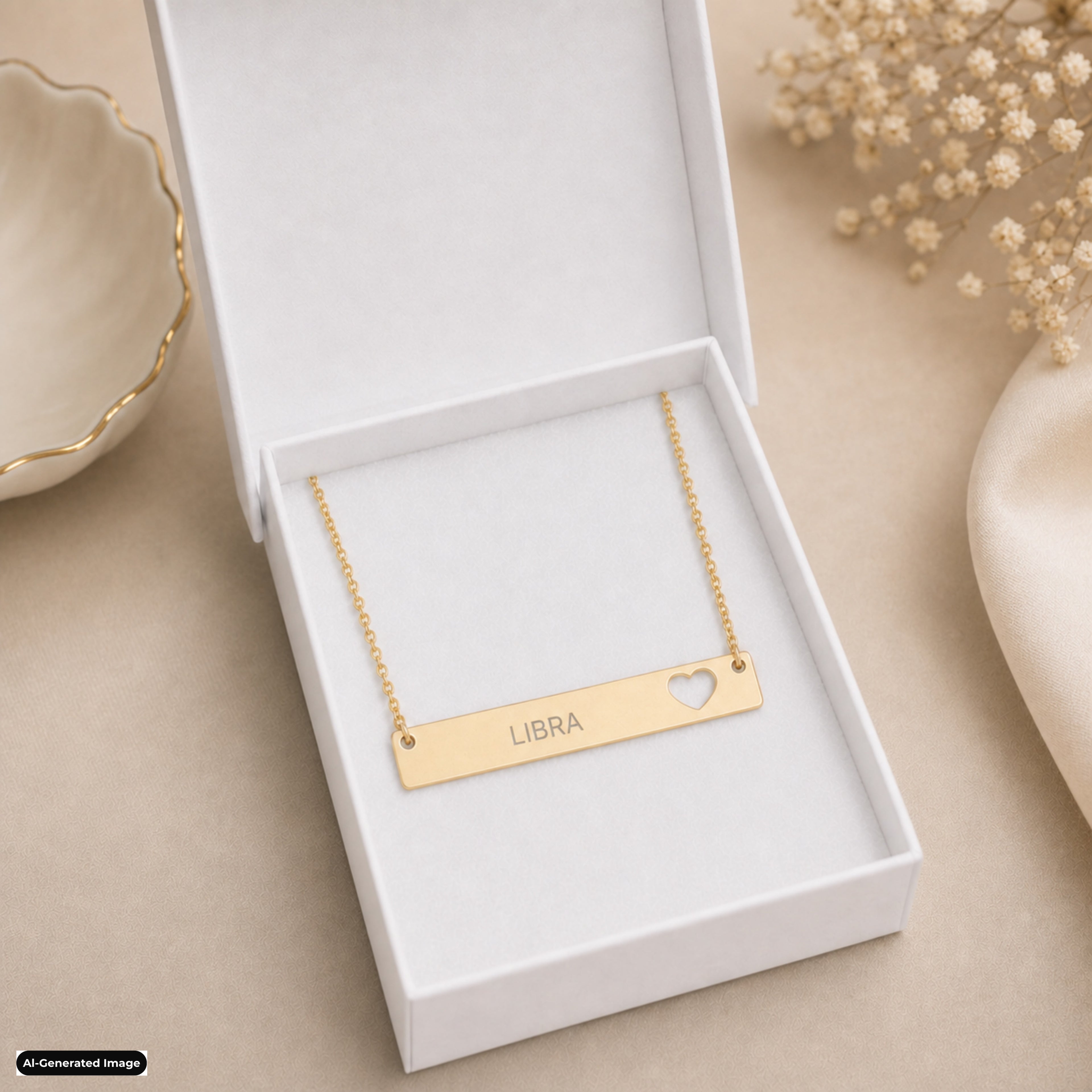 Libra Cutout Heart Bar necklace worn on model lifestyle in rose-gold (AI-generated image)