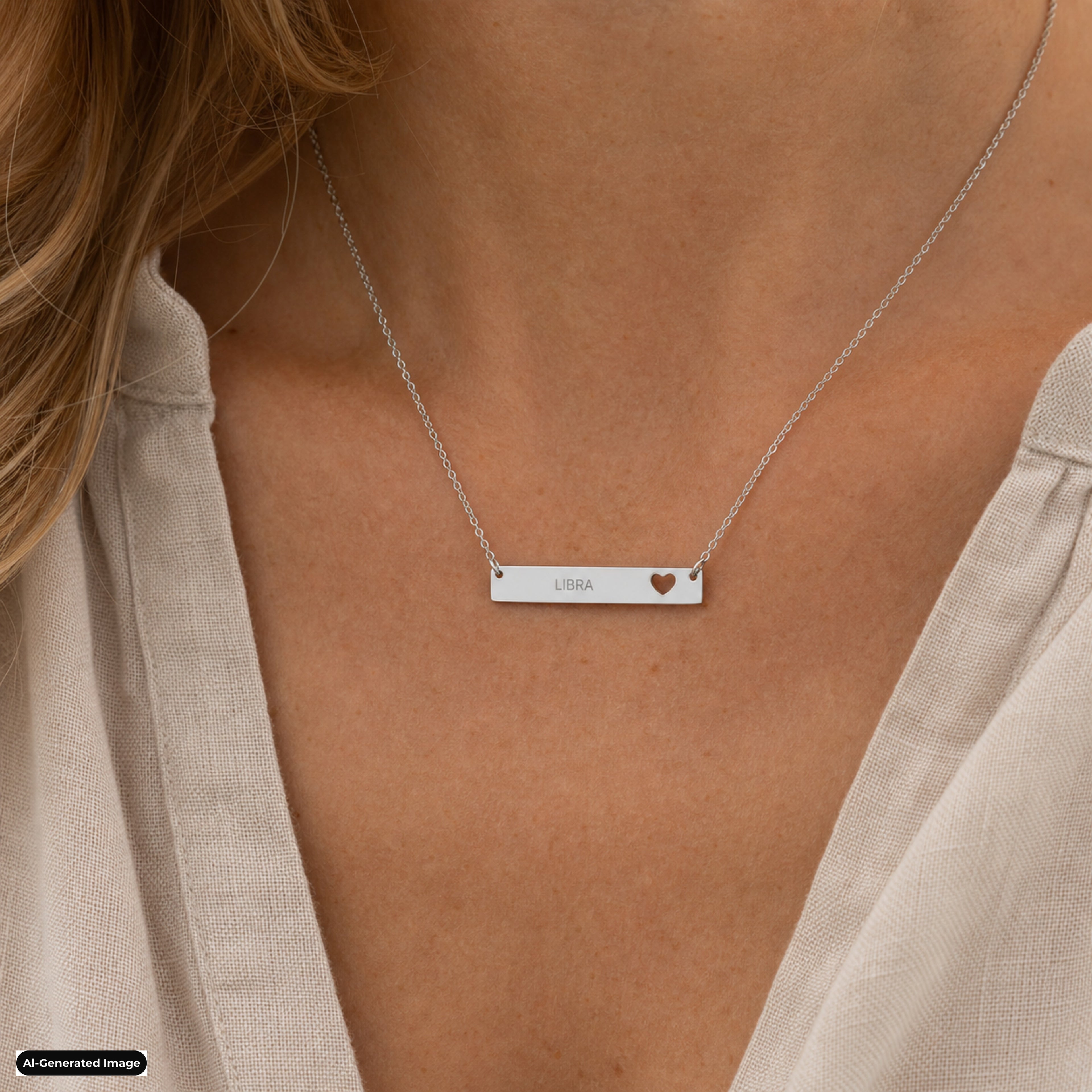 Libra Cutout Heart Bar necklace worn on model lifestyle in stainless (AI-generated image)