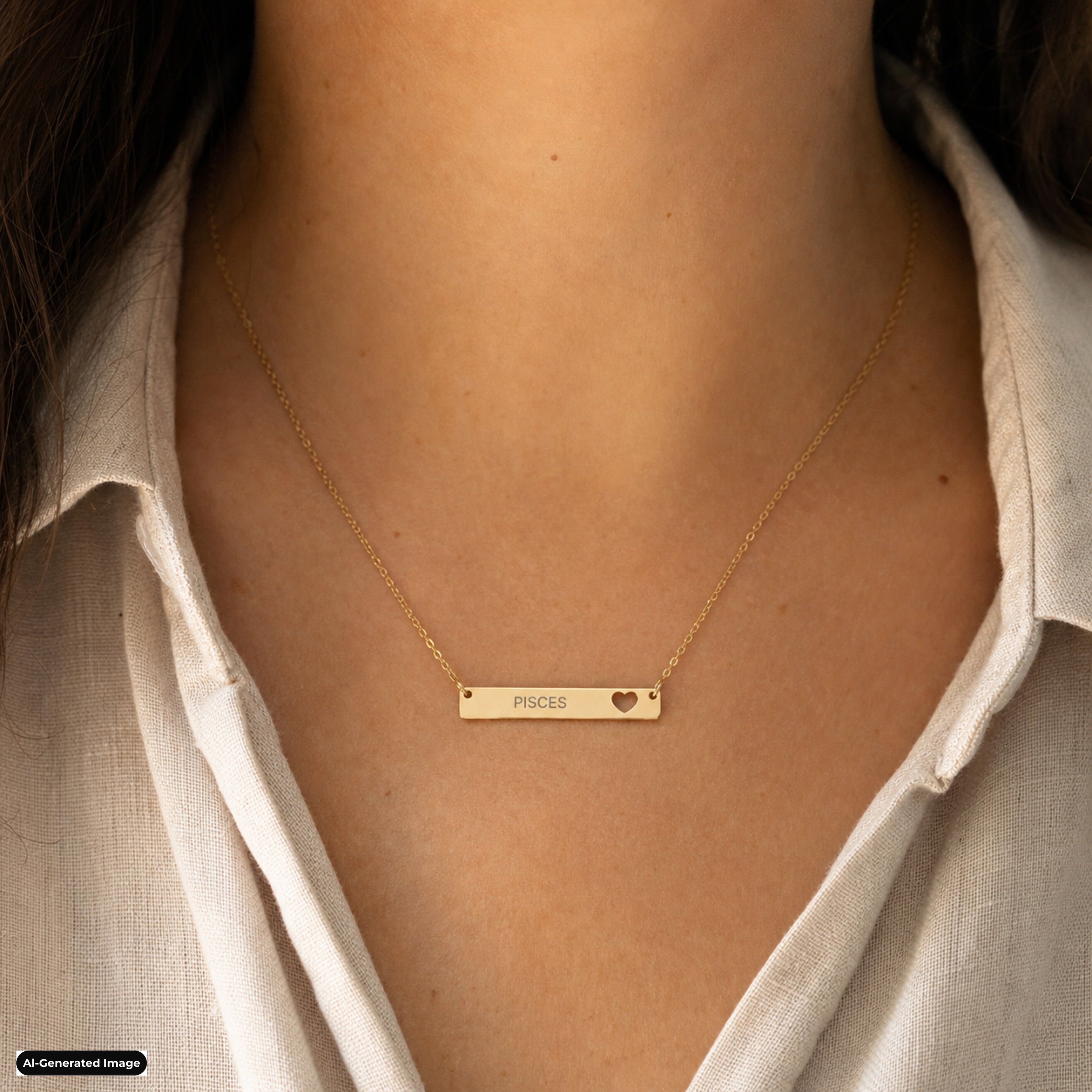 Pisces Cutout Heart Bar necklace worn on model lifestyle in gold (AI-generated image)