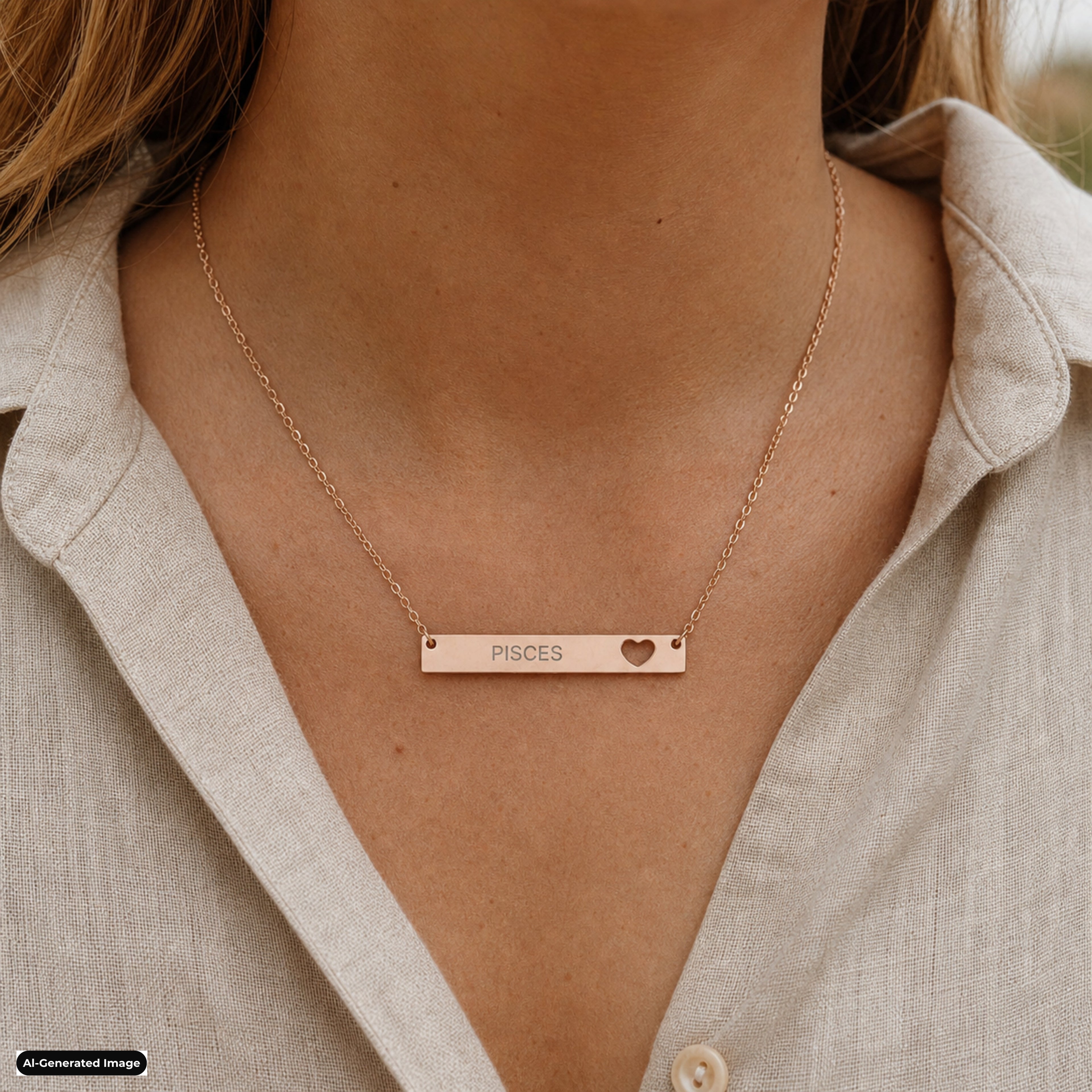 Pisces Cutout Heart Bar necklace worn on model lifestyle in rose-gold (AI-generated image)