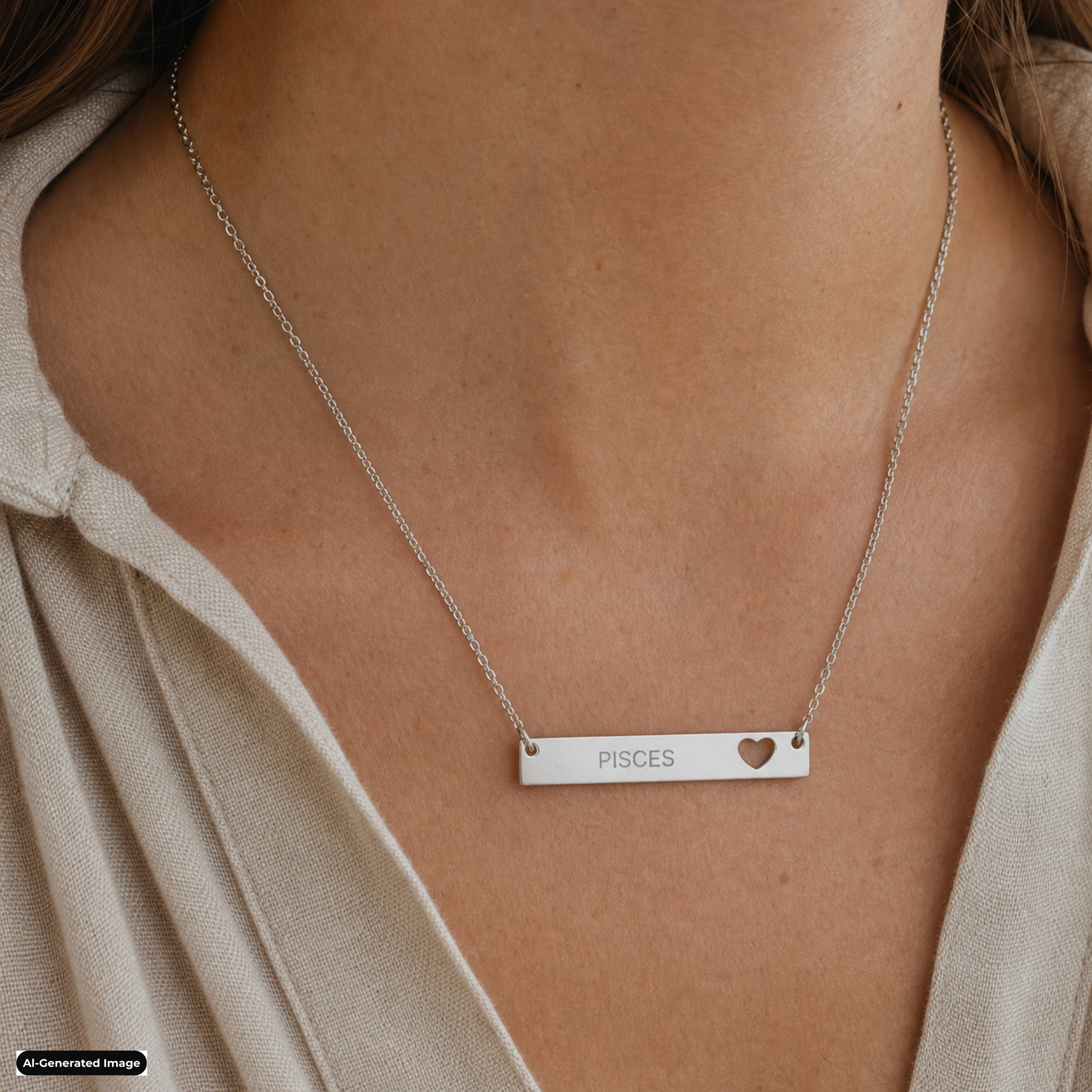 Pisces Cutout Heart Bar necklace worn on model lifestyle in stainless (AI-generated image)