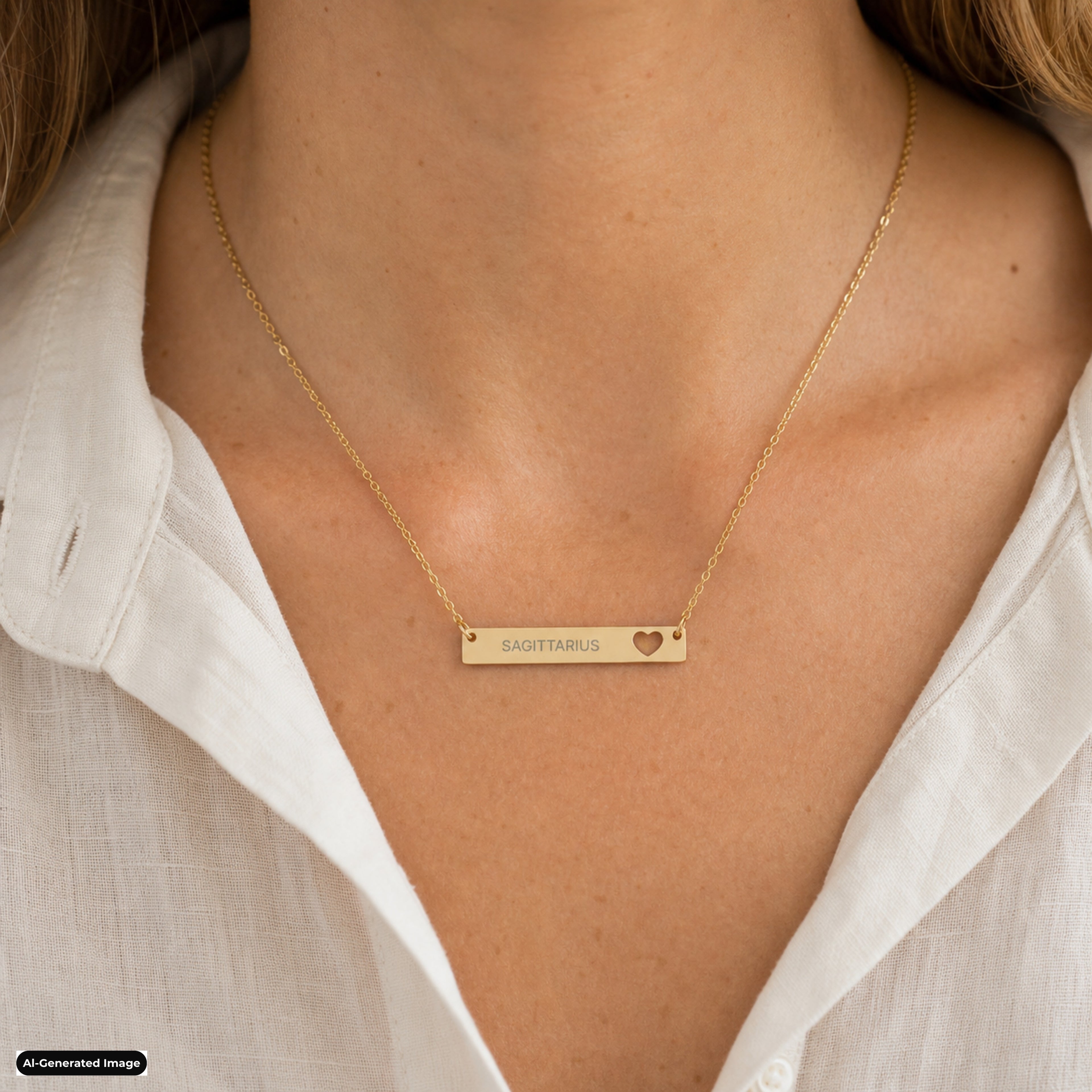 Sagittarius Cutout Heart Bar necklace worn on model lifestyle in gold (AI-generated image)
