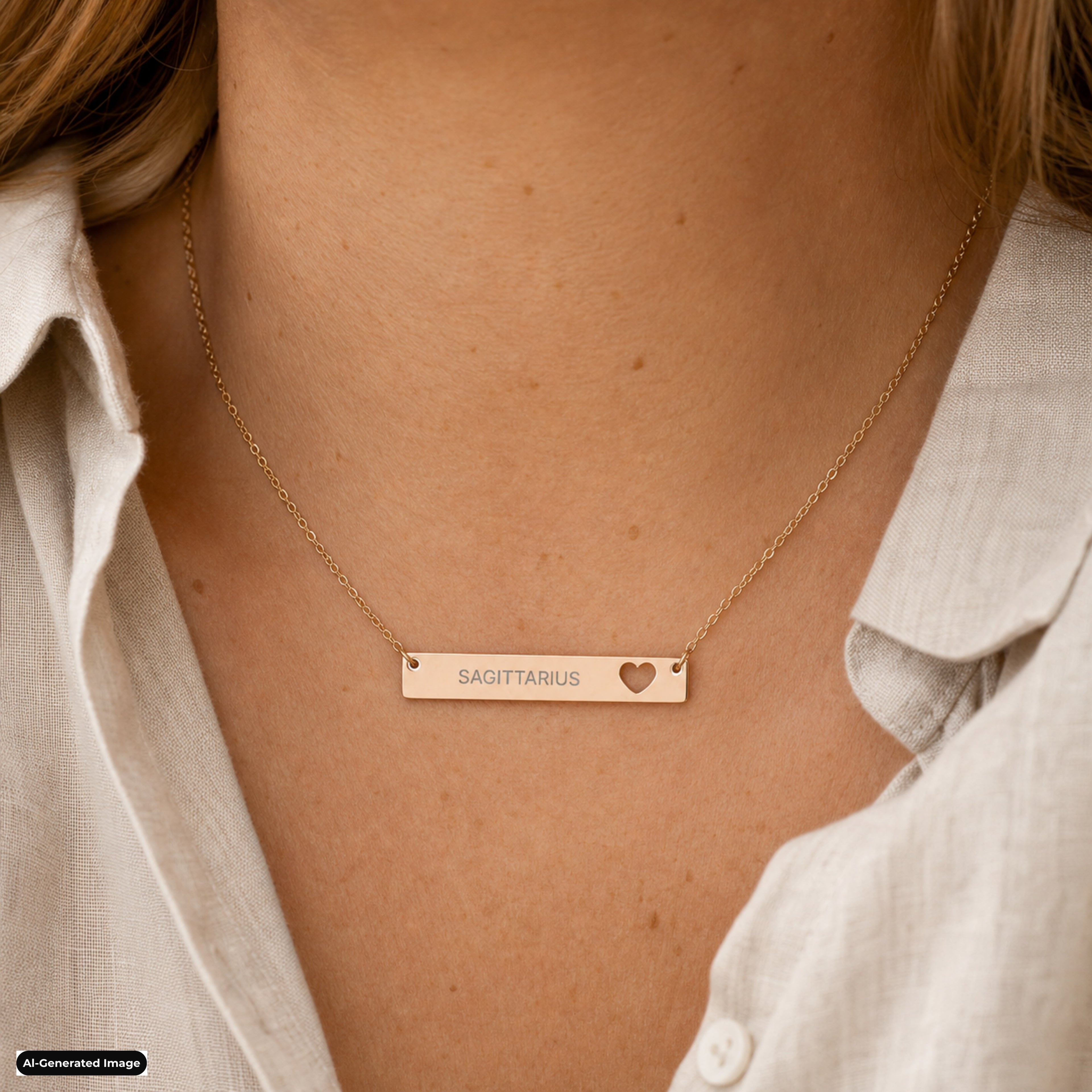 Sagittarius Cutout Heart Bar necklace worn on model lifestyle in rose-gold (AI-generated image)