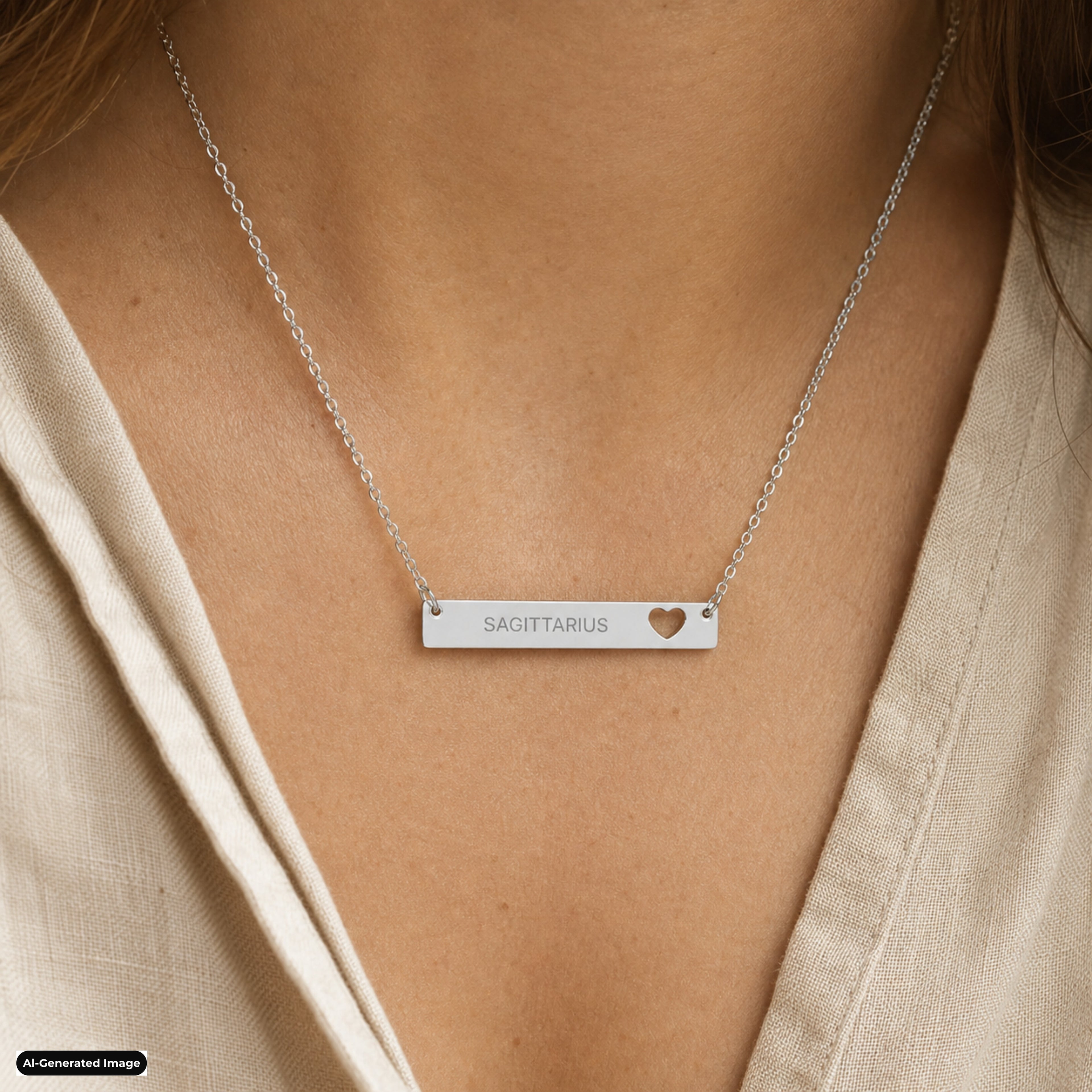 Sagittarius Cutout Heart Bar necklace worn on model lifestyle in stainless (AI-generated image)