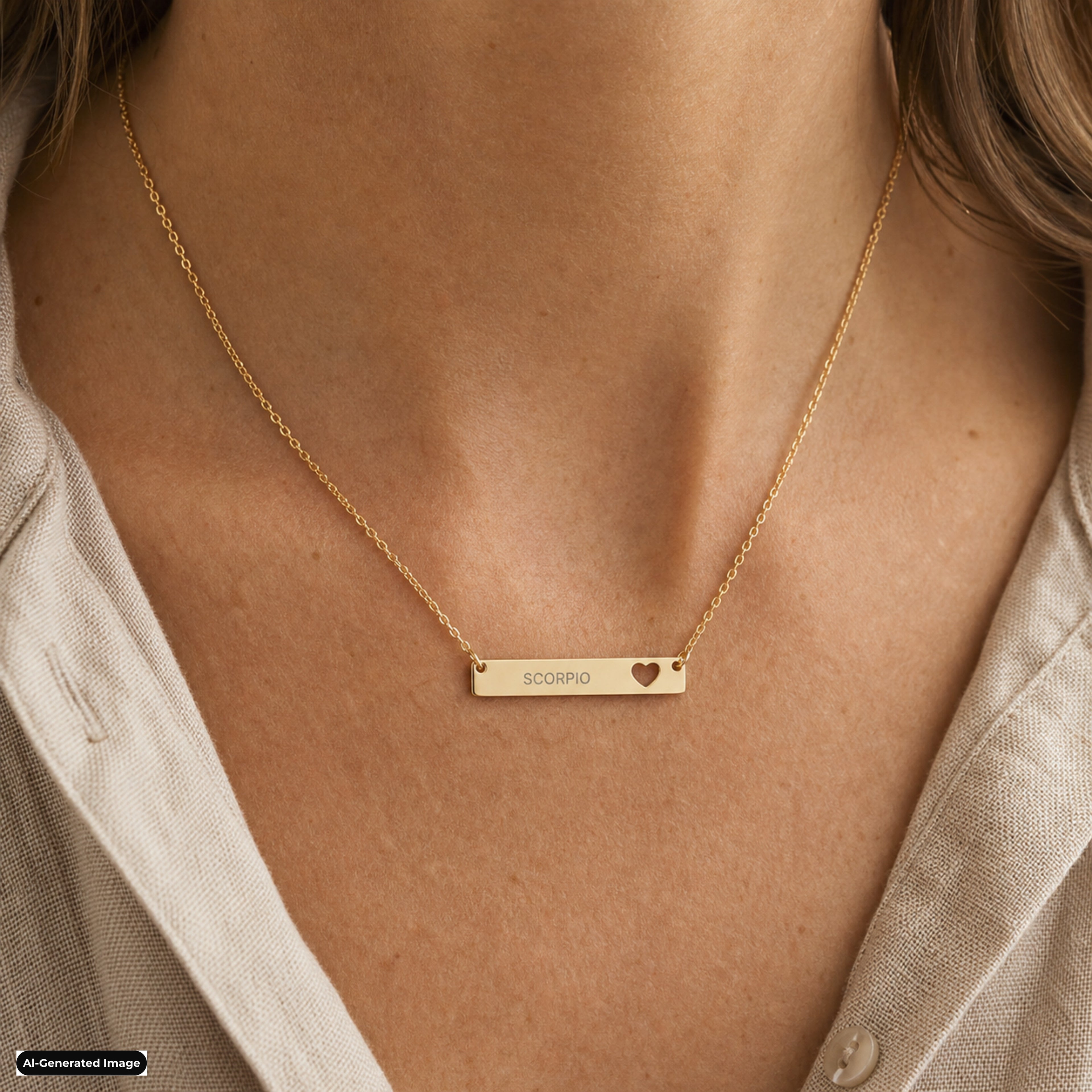 Scorpio Cutout Heart Bar necklace worn on model lifestyle in gold (AI-generated image)