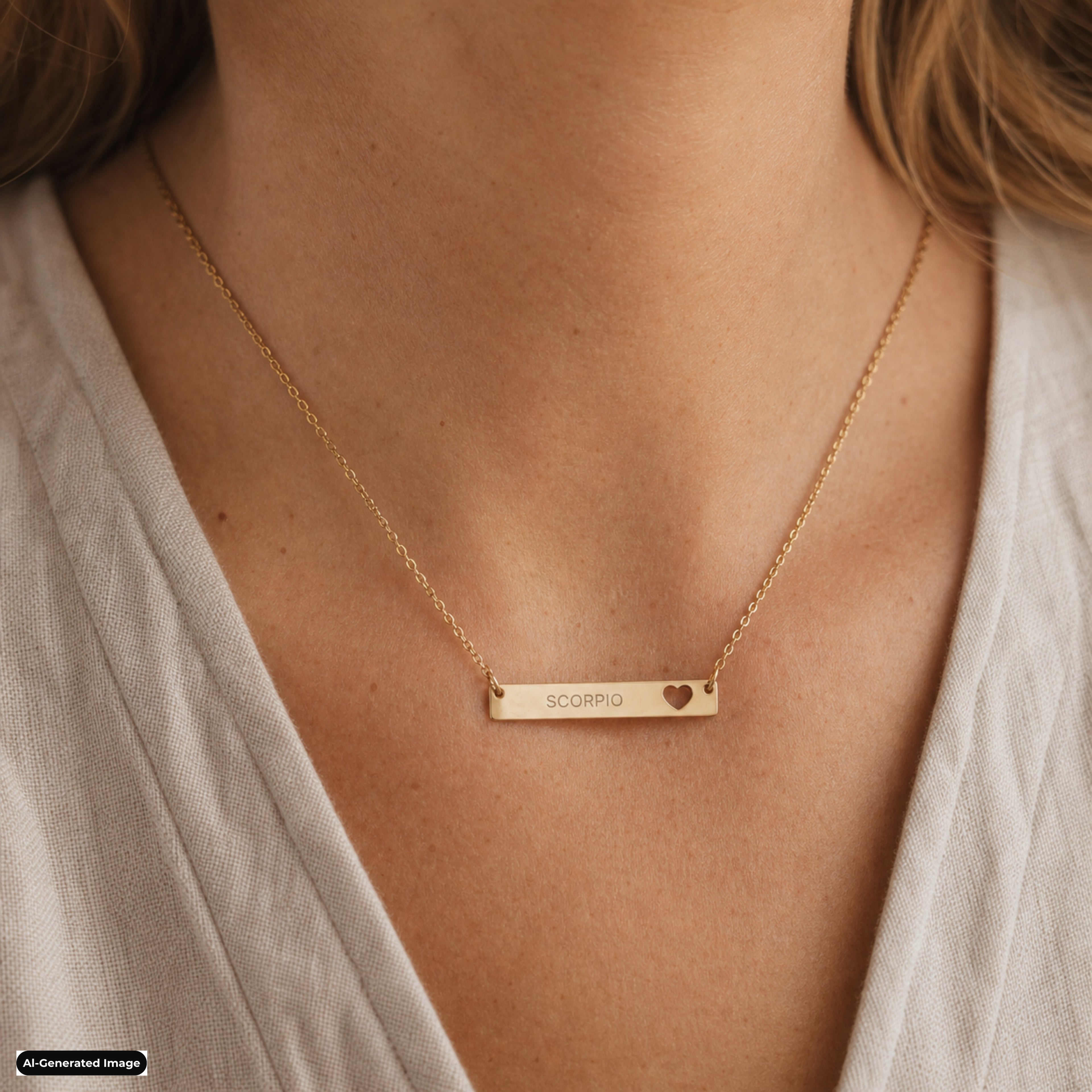 Scorpio Cutout Heart Bar necklace worn on model lifestyle in rose-gold (AI-generated image)