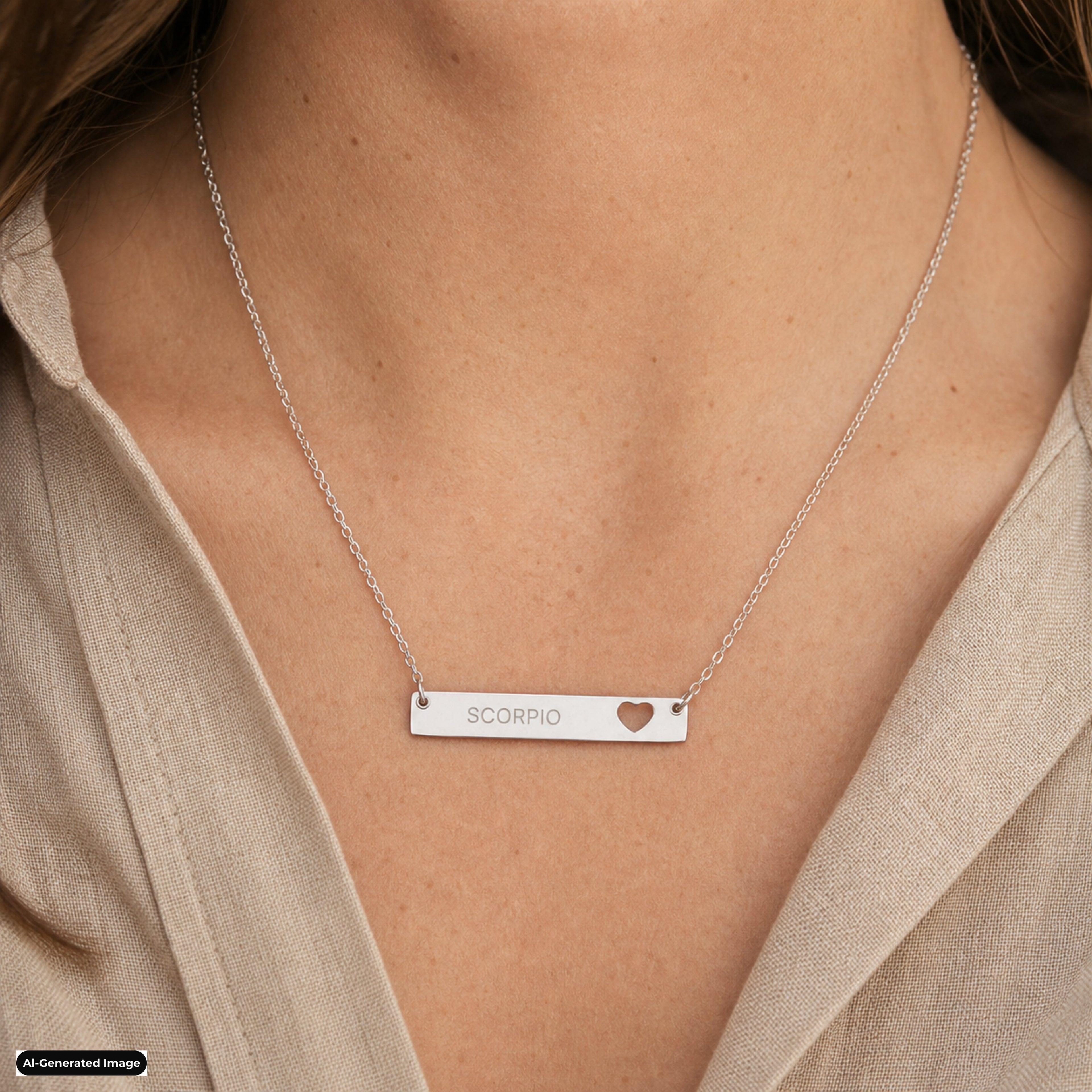 Scorpio Cutout Heart Bar necklace worn on model lifestyle in stainless (AI-generated image)