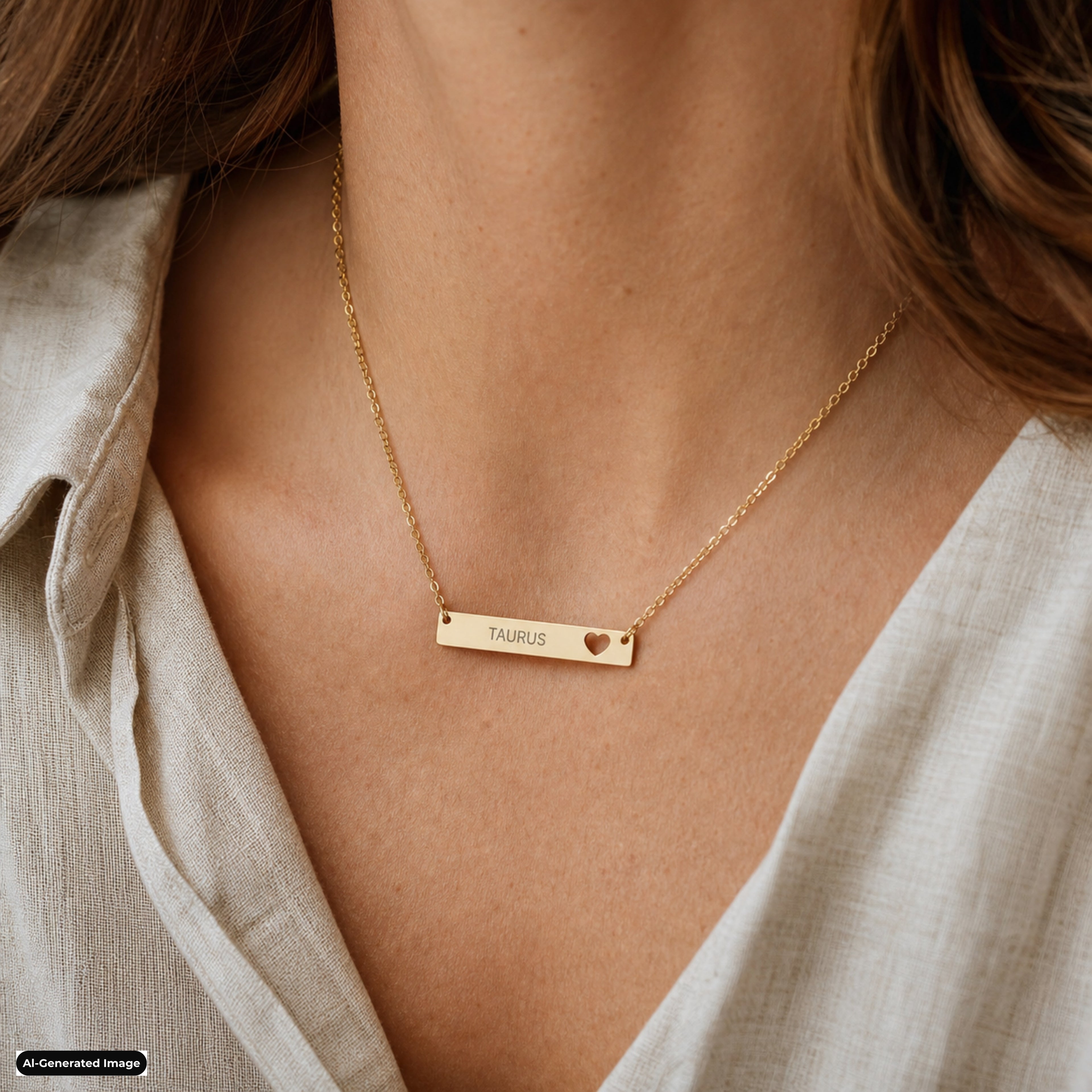 Taurus Cutout Heart Bar necklace worn on model lifestyle in gold (AI-generated image)