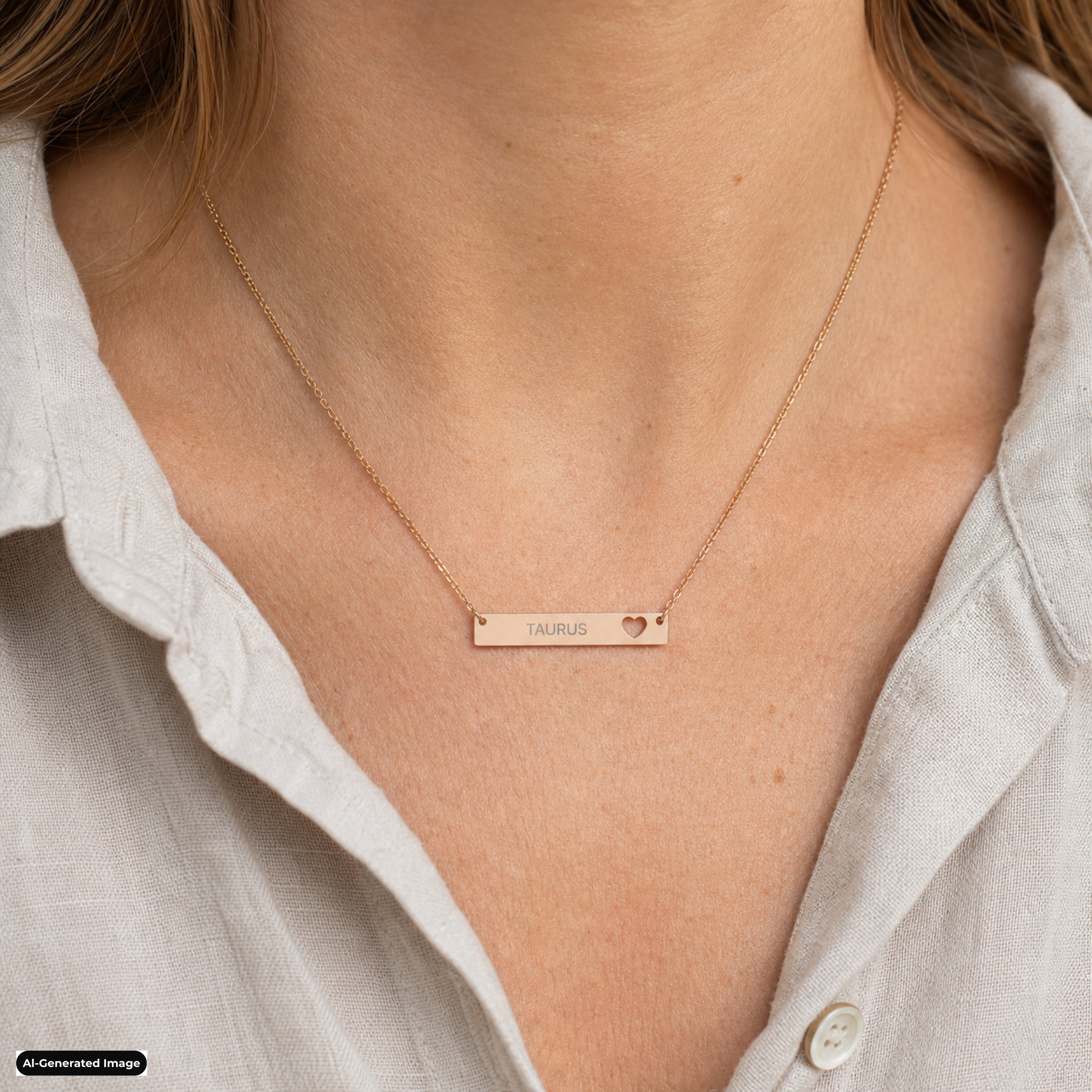 Taurus Cutout Heart Bar necklace worn on model lifestyle in rose-gold (AI-generated image)