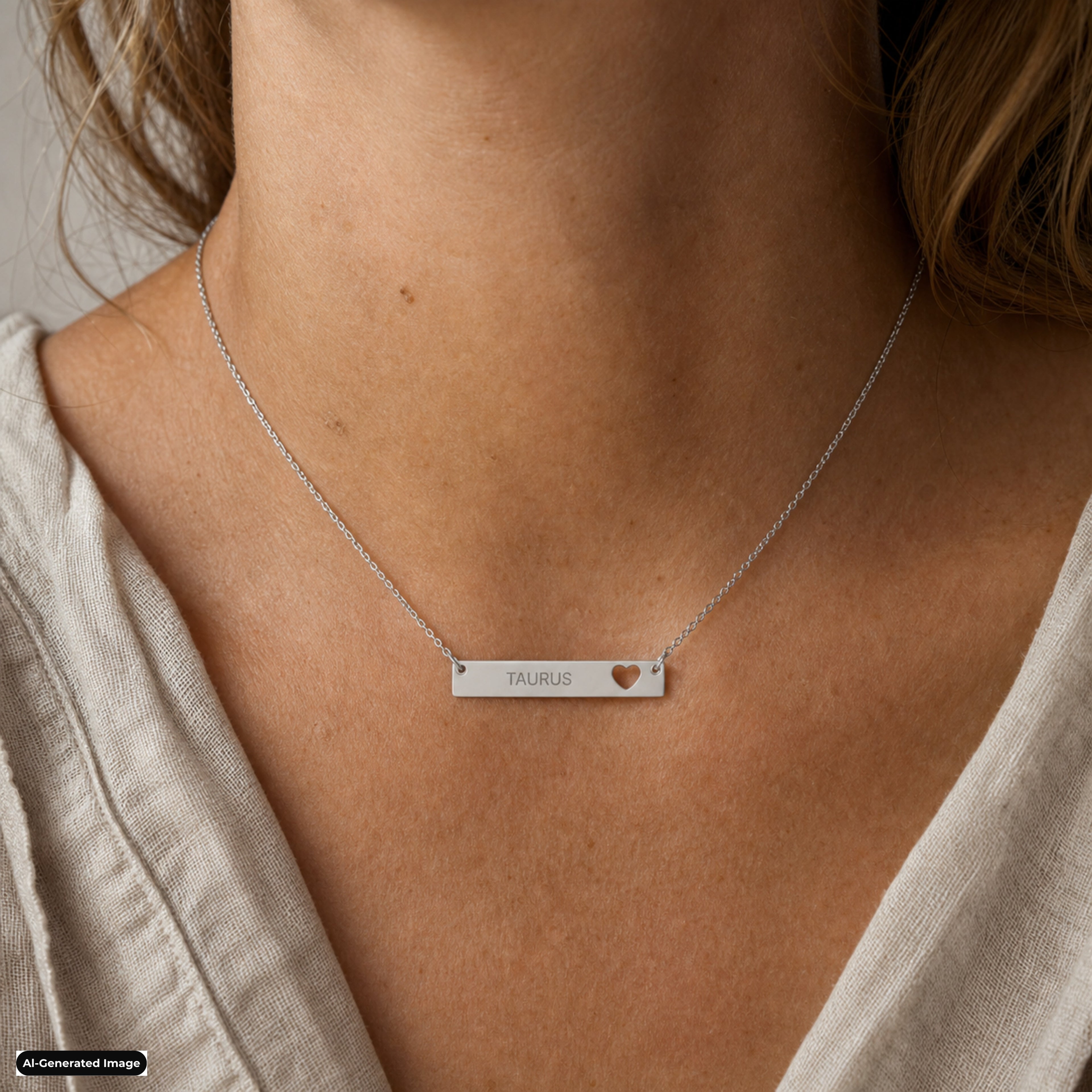 Taurus Cutout Heart Bar necklace worn on model lifestyle in stainless (AI-generated image)