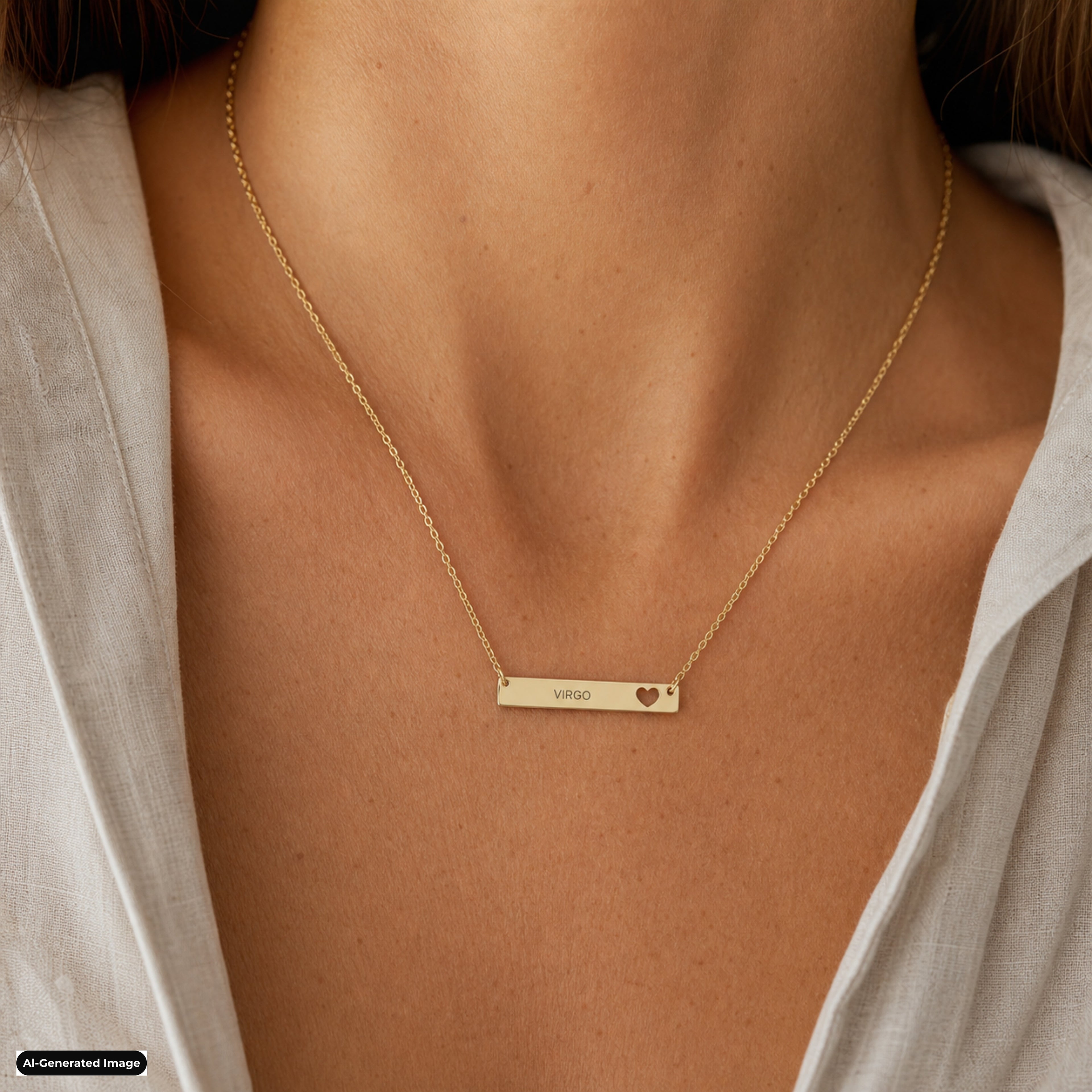 Virgo Cutout Heart Bar necklace worn on model lifestyle in gold (AI-generated image)