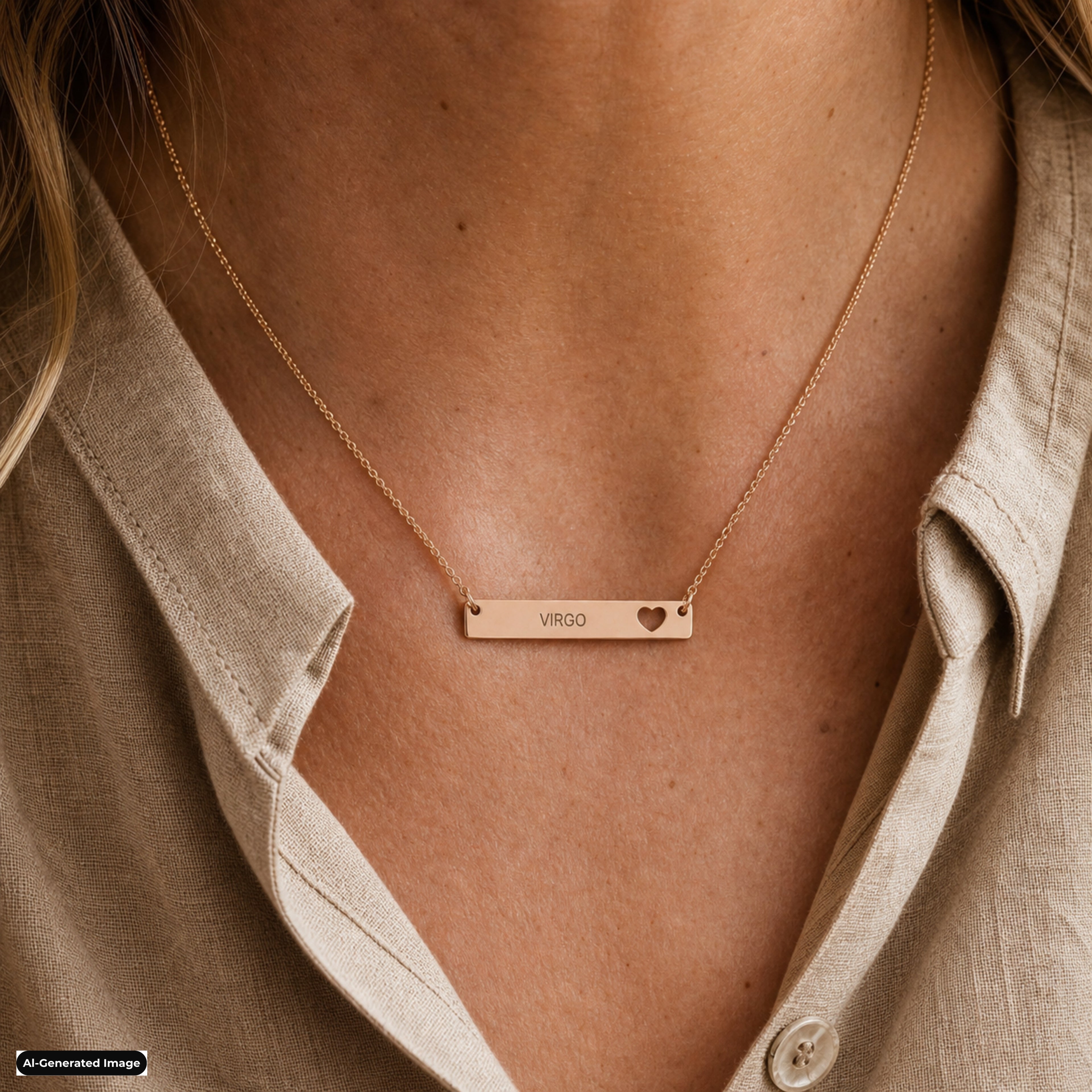 Virgo Cutout Heart Bar necklace worn on model lifestyle in rose-gold (AI-generated image)