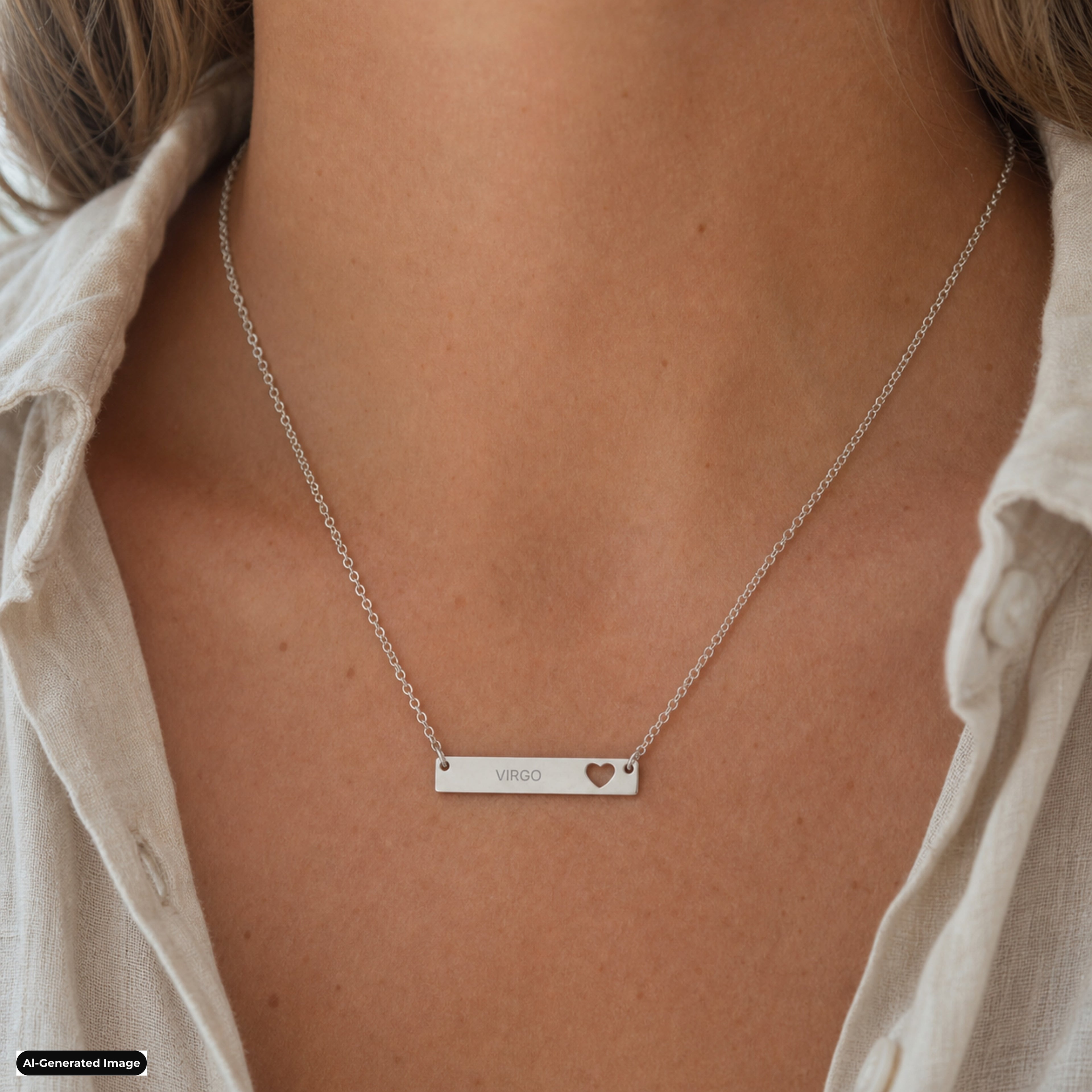 Virgo zodiac necklace, engraved cutout heart bar pendant in stainless steel, worn on model, on-neck lifestyle (AI-generated image)