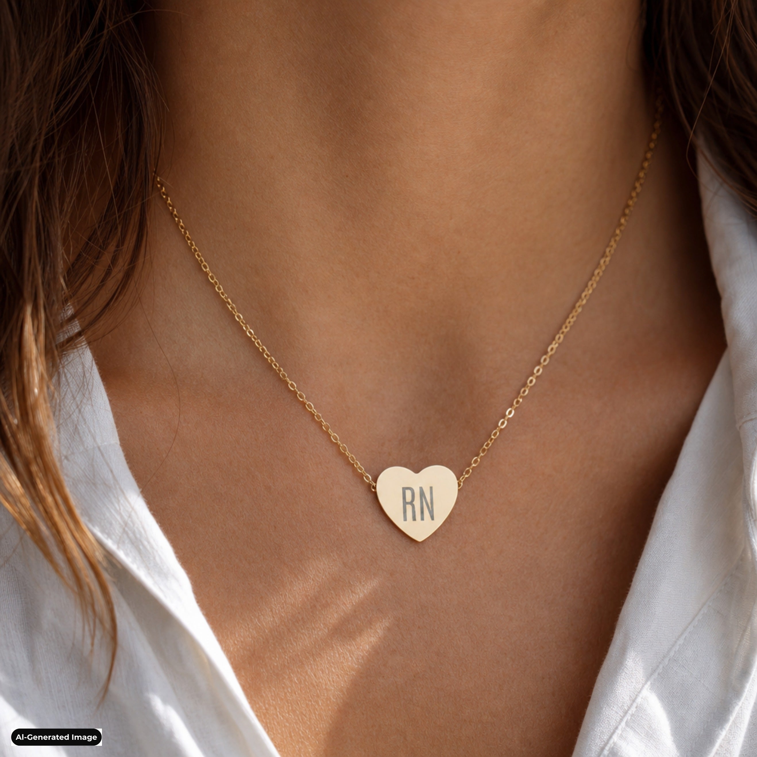 Minimalist sans initials necklace on model lifestyle gift (AI-generated image)