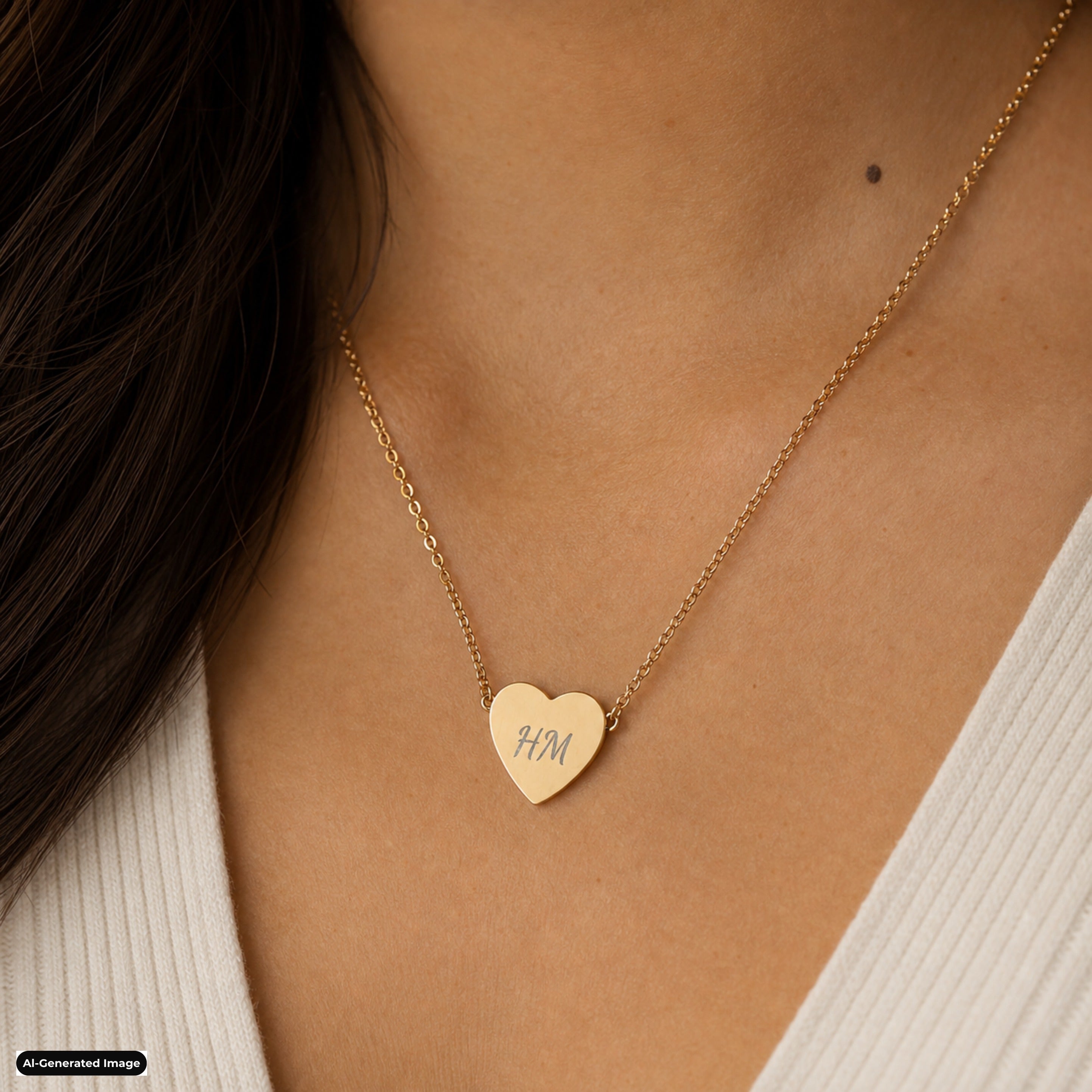 Initial necklace lifestyle in 18K Gold PVD finish, heart pendant worn at the collarbone with custom engraved initial in Dancing Script (AI-generated image). Memory That Lasts.