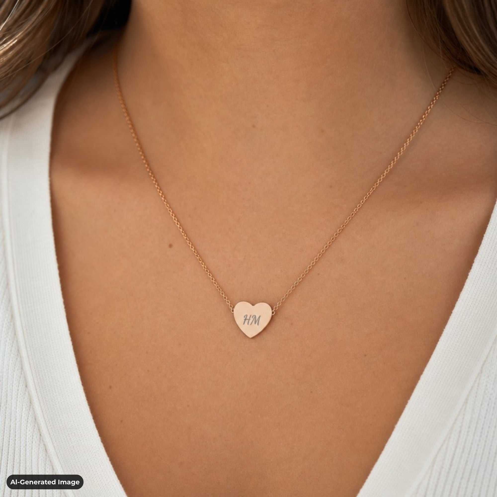 Initial necklace lifestyle in 18K Rose Gold PVD finish, heart pendant worn at the collarbone with custom engraved initial in Dancing Script (AI-generated image). Memory That Lasts.