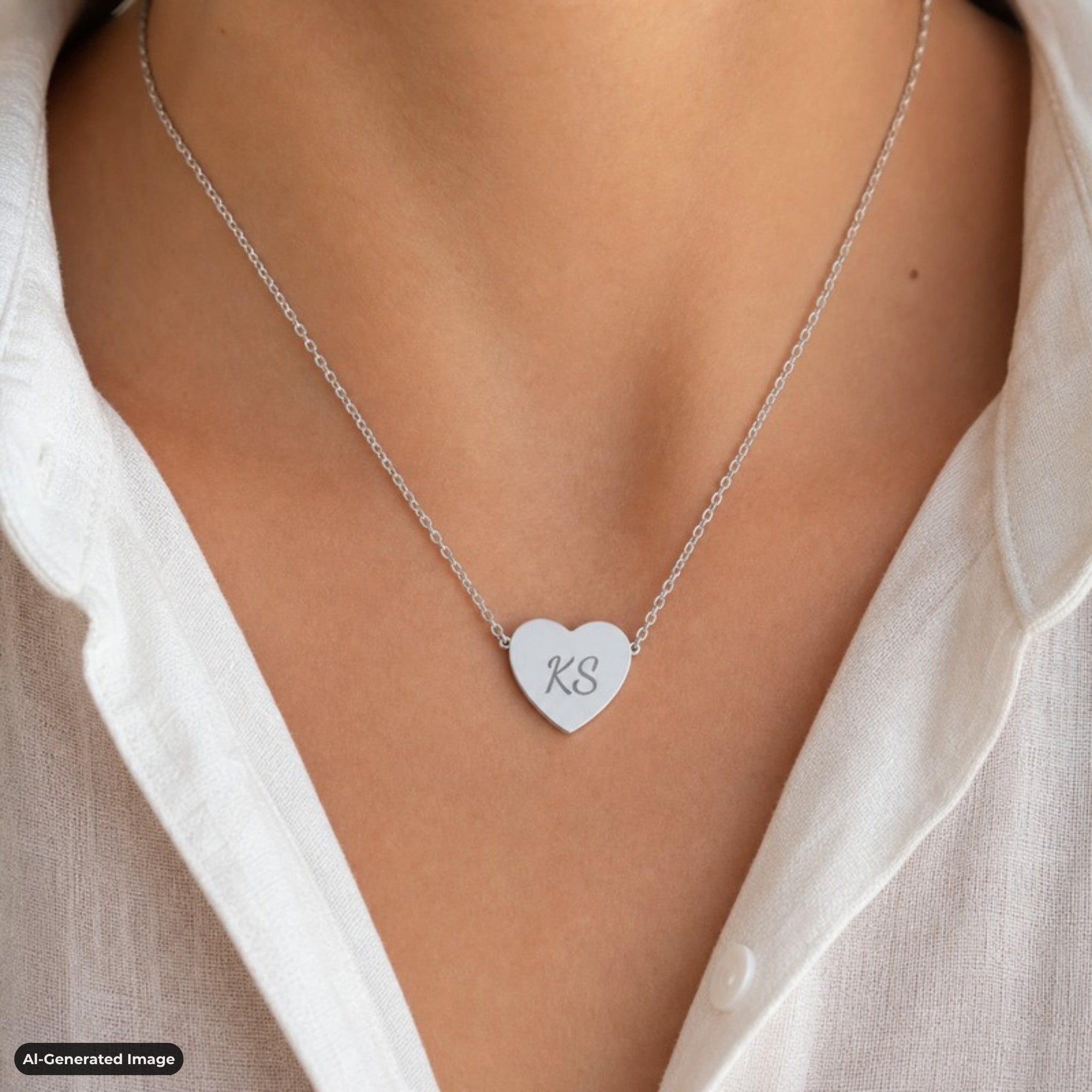 Initial necklace lifestyle in Stainless Steel finish, heart pendant worn at the collarbone with custom engraved initial in Dancing Script (AI-generated image). Memory That Lasts.