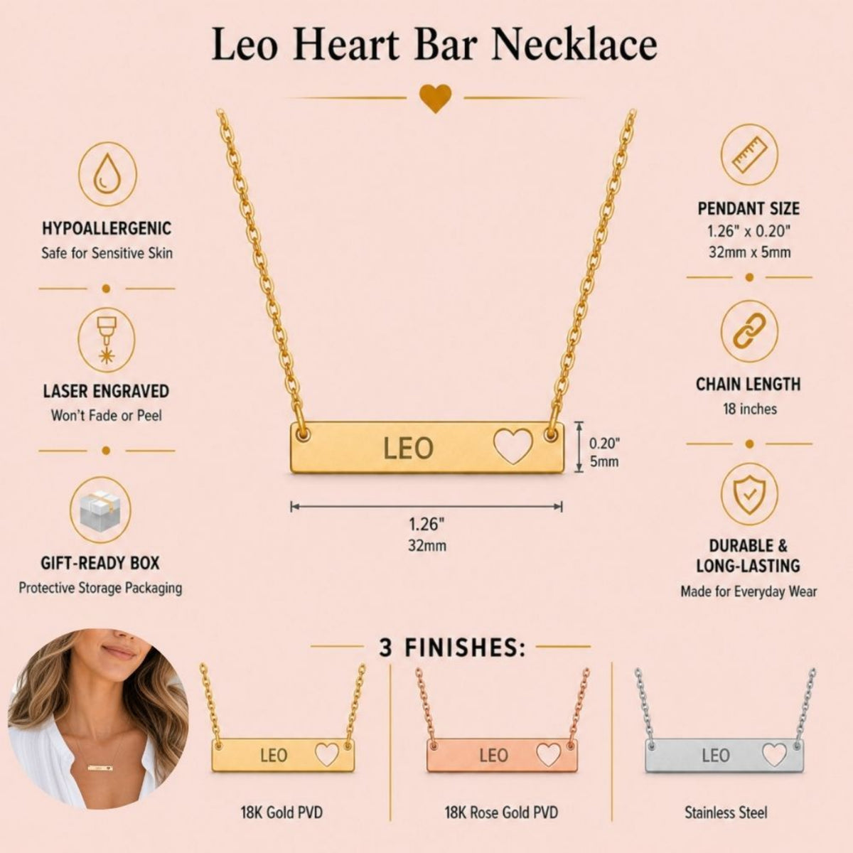 Leo zodiac necklace specifications — 32mm x 5mm cutout heart bar, 18-inch chain, hypoallergenic laser-engraved LEO, shown in 18K Gold, Rose Gold and Stainless Steel finishes