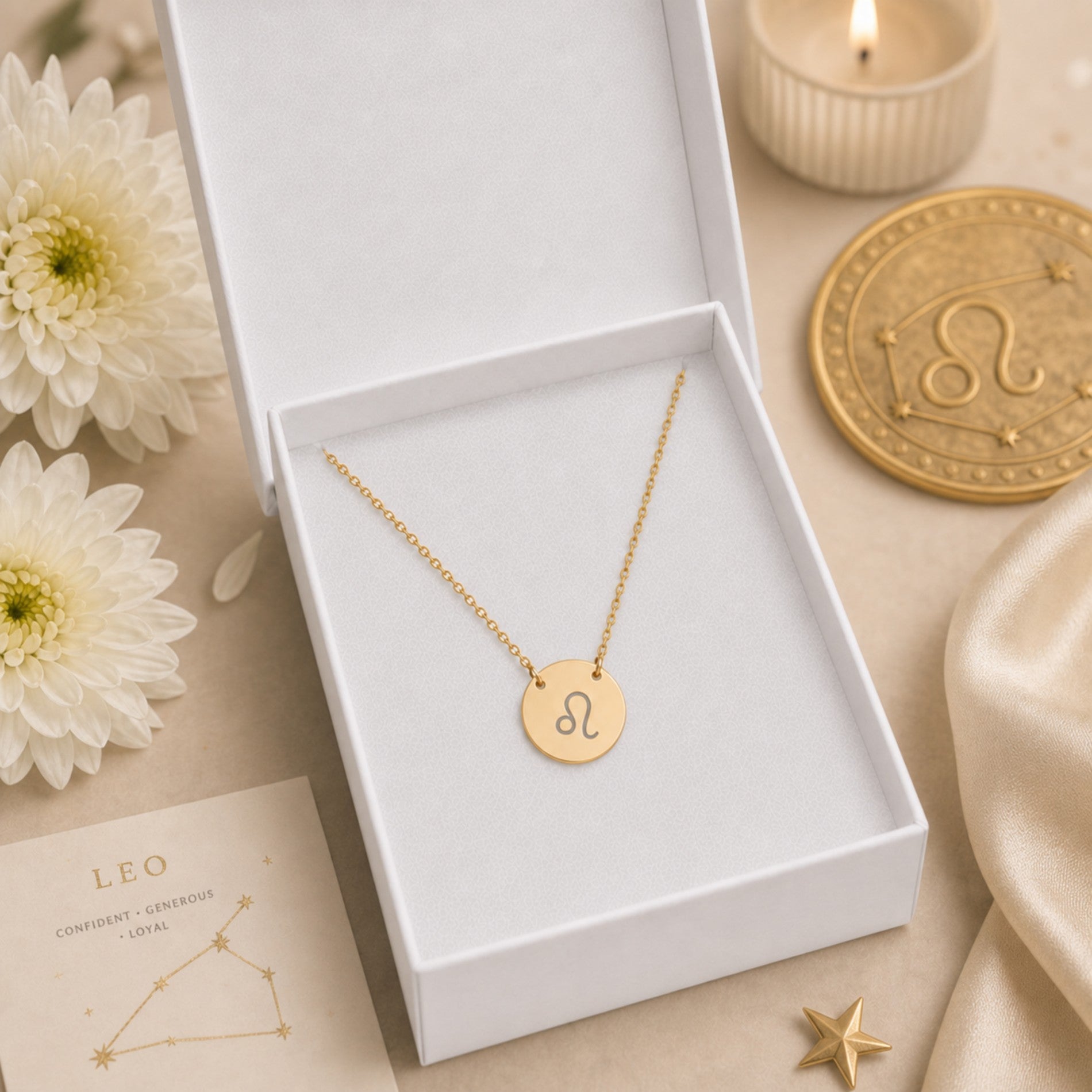 Leo zodiac coin necklace presented in a luxe gift box — ready to give (AI-generated image). Memory That Lasts.