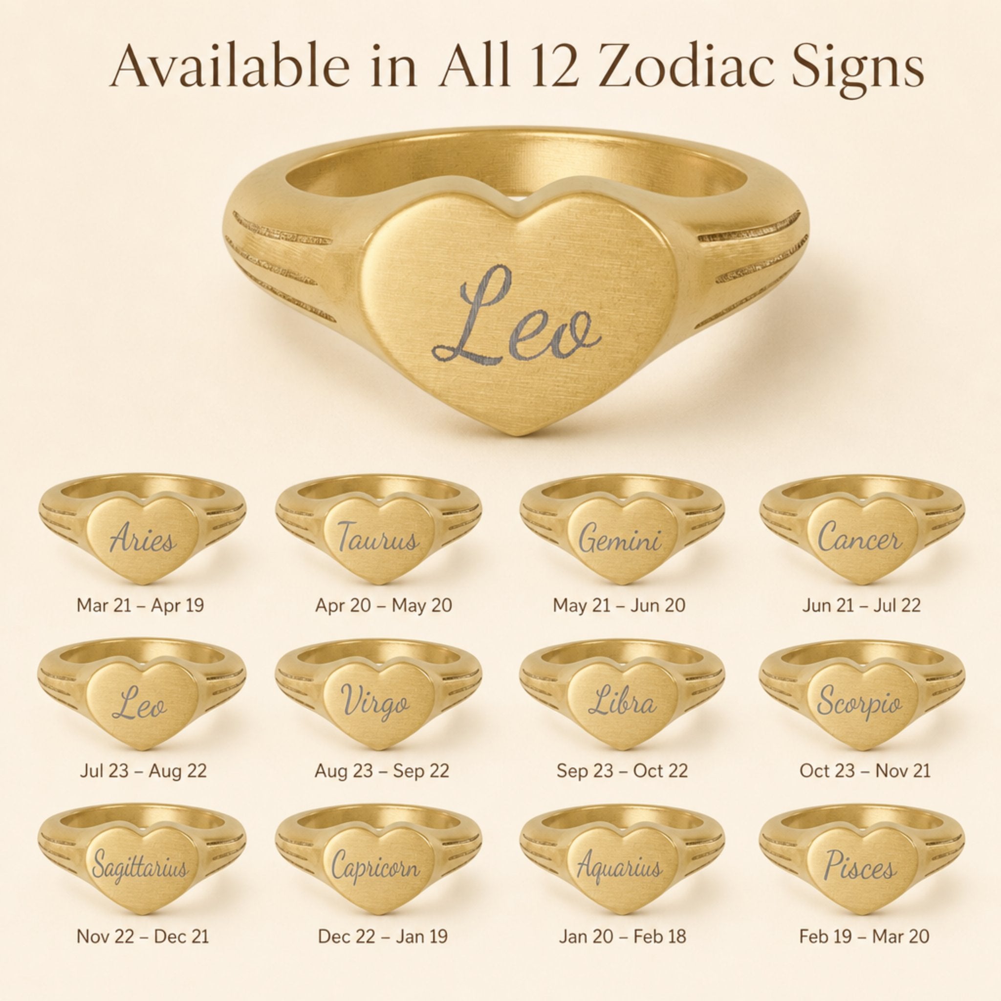 Leo zodiac heart signet ring — available in all 12 zodiac signs, variant grid with date ranges