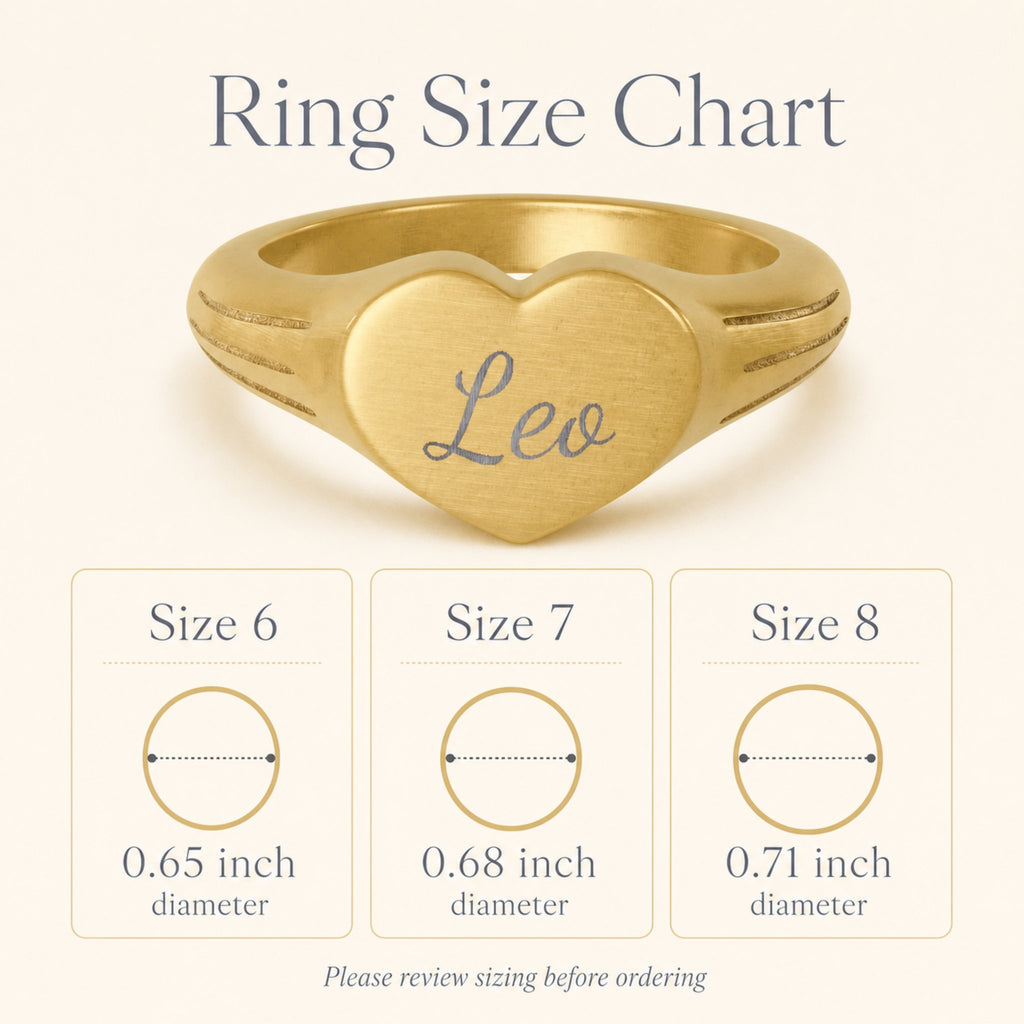 Leo zodiac heart signet ring size chart — sizes 6, 7, 8 with 0.65/0.68/0.71 inch diameter reference