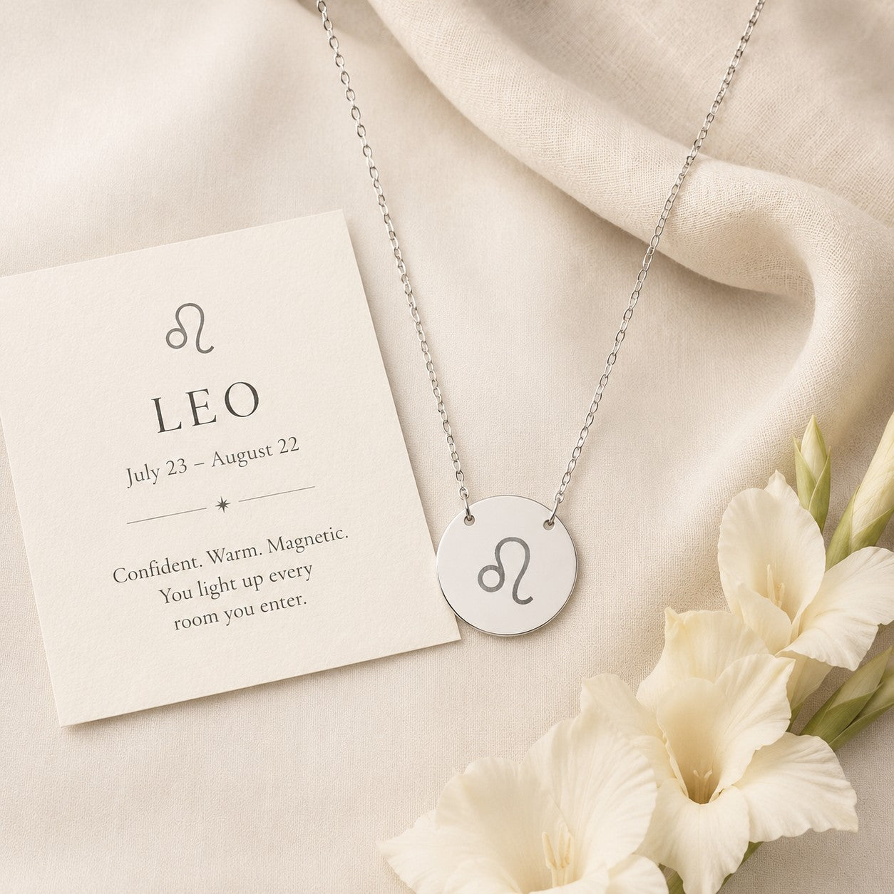 Leo zodiac coin necklace — engraved star sign pendant. Memory That Lasts.