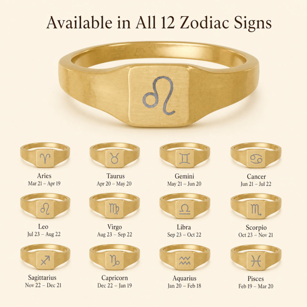 Leo zodiac square signet ring — available in all 12 zodiac signs, variant grid with date ranges