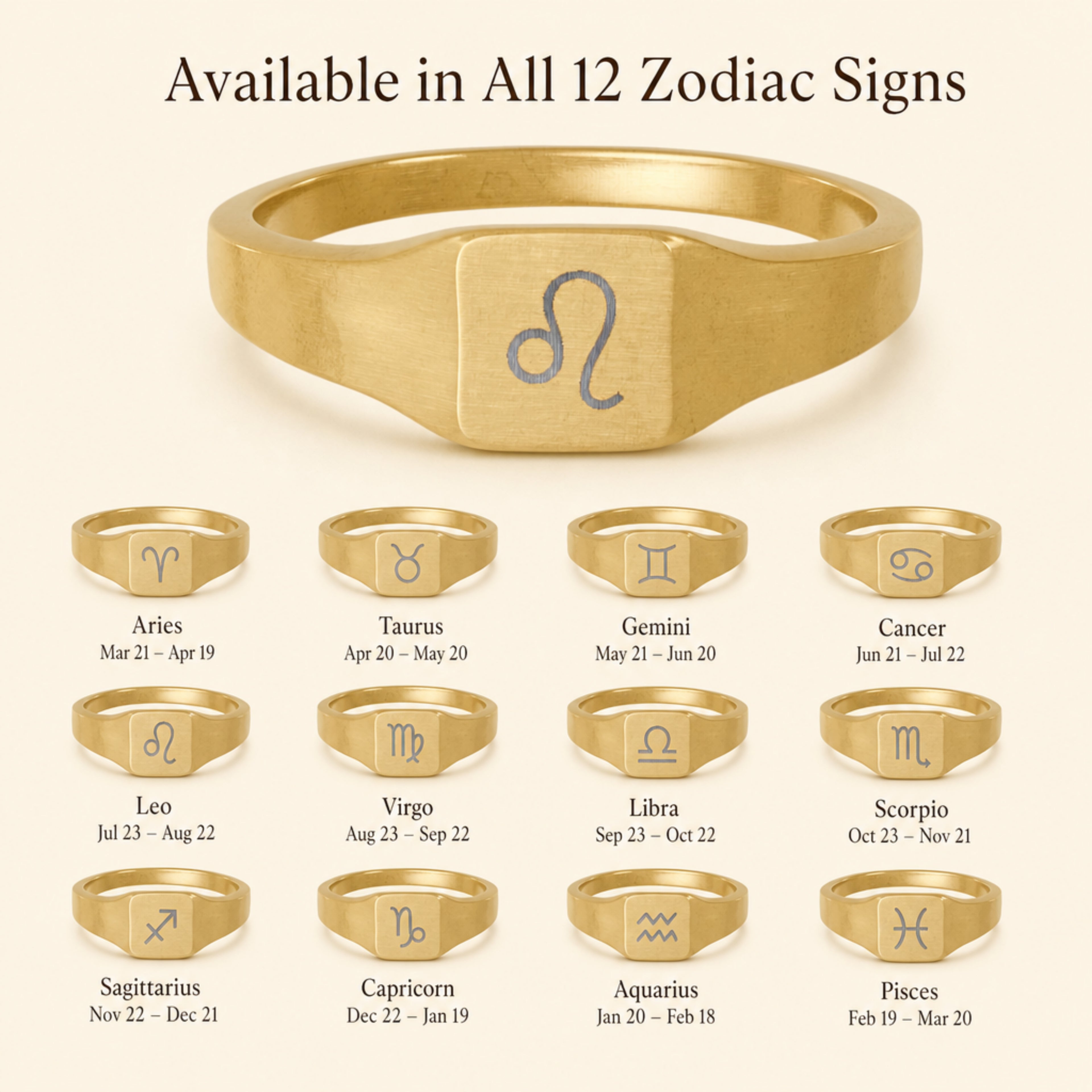 Leo zodiac square signet ring — available in all 12 zodiac signs, variant grid with date ranges