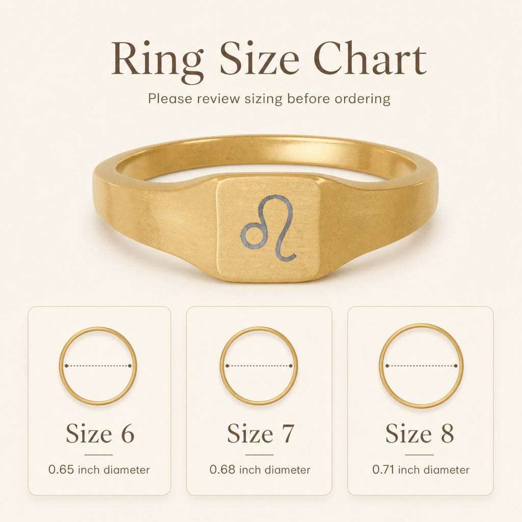 Leo zodiac square signet ring size chart — sizes 6, 7, 8 with 0.65/0.68/0.71 inch diameter reference