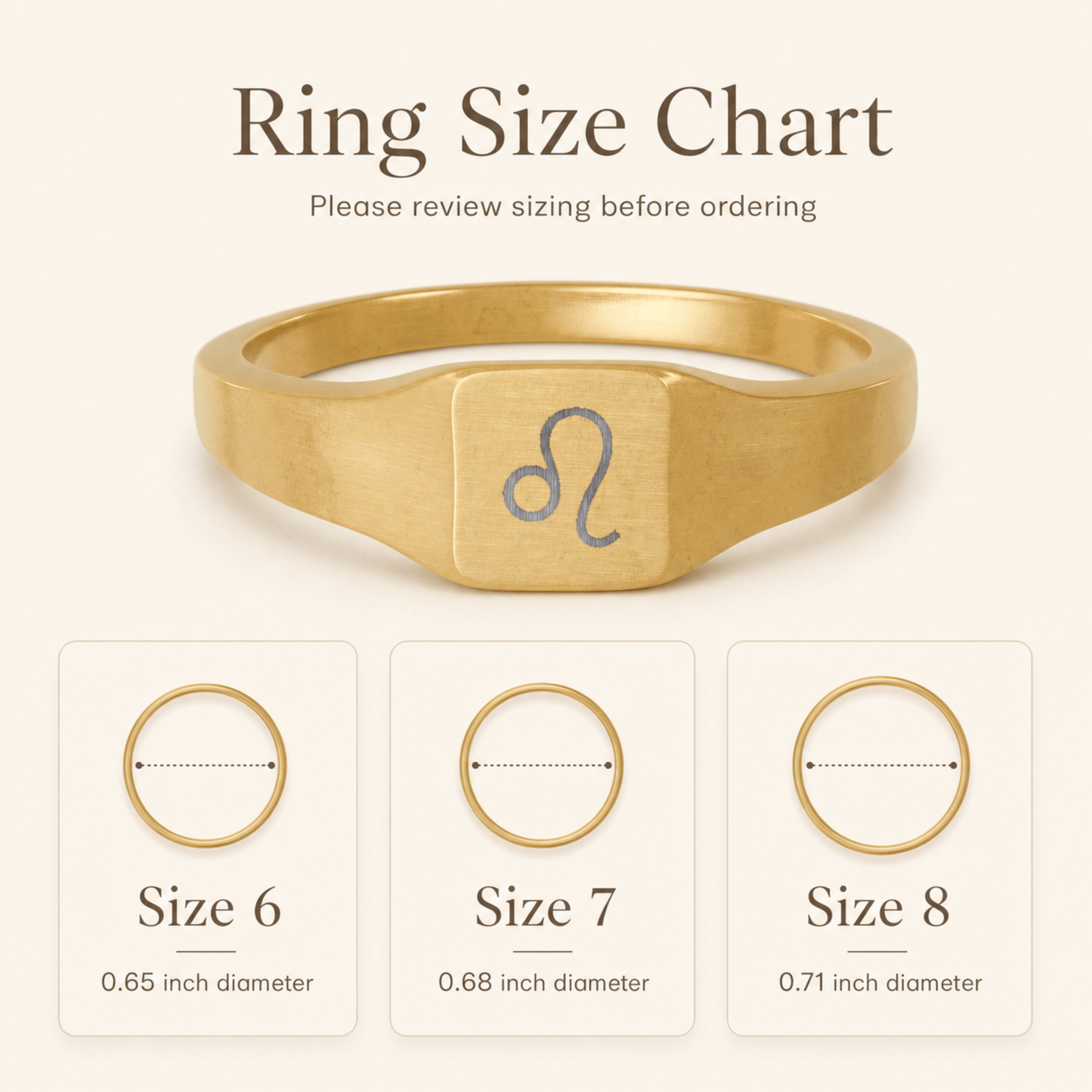 Leo zodiac square signet ring size chart — sizes 6, 7, 8 with 0.65/0.68/0.71 inch diameter reference