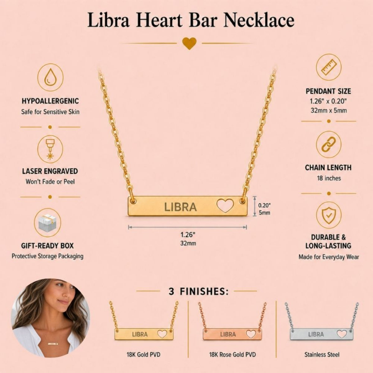Libra zodiac necklace specifications — 32mm x 5mm cutout heart bar, 18-inch chain, hypoallergenic laser-engraved LIBRA, shown in 18K Gold, Rose Gold and Stainless Steel finishes