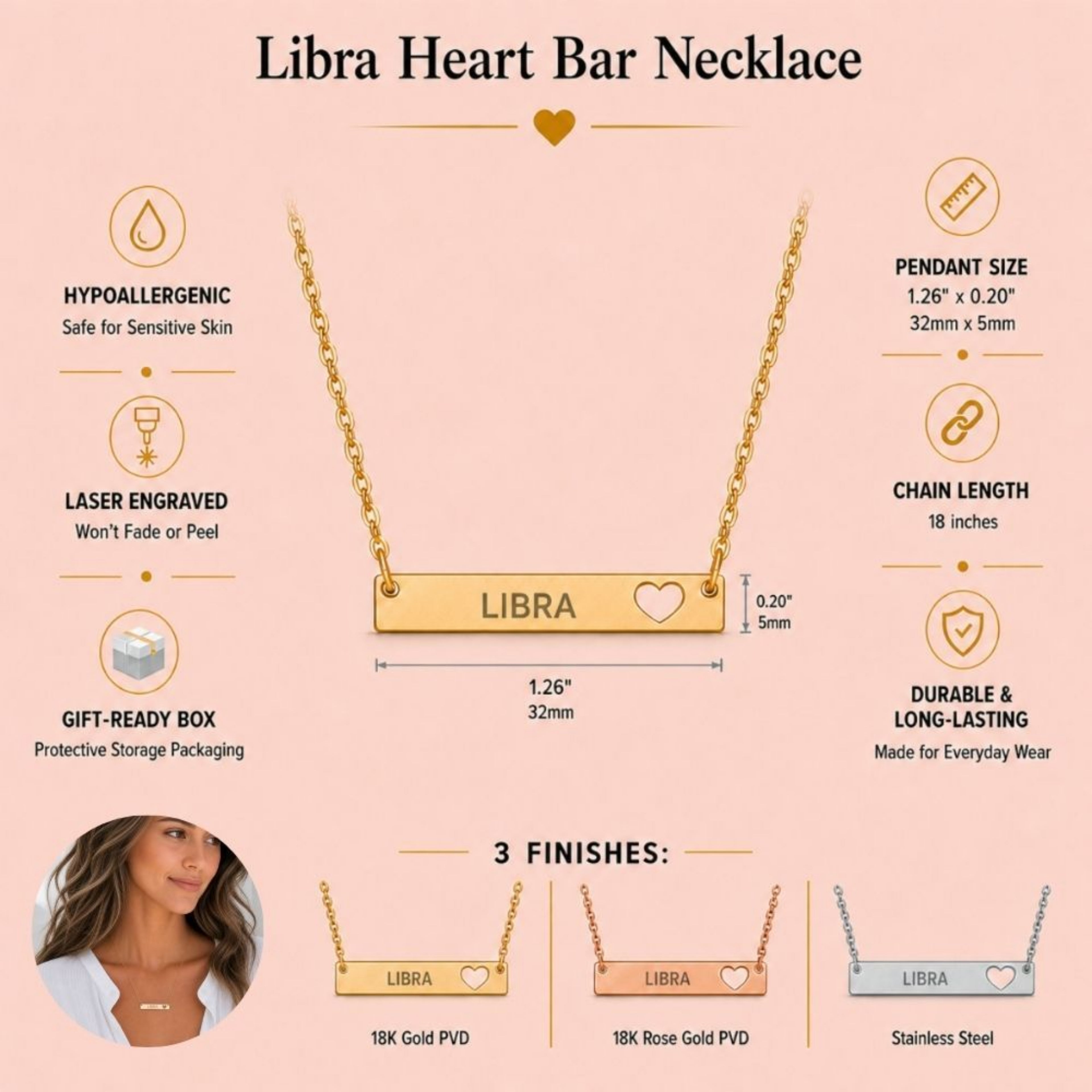 Libra zodiac necklace specifications — 32mm x 5mm cutout heart bar, 18-inch chain, hypoallergenic laser-engraved LIBRA, shown in 18K Gold, Rose Gold and Stainless Steel finishes