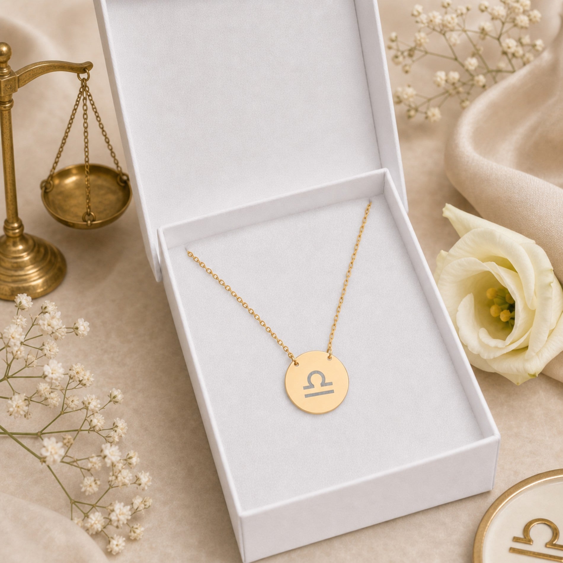 Libra zodiac coin necklace presented in a luxe gift box — ready to give (AI-generated image). Memory That Lasts.