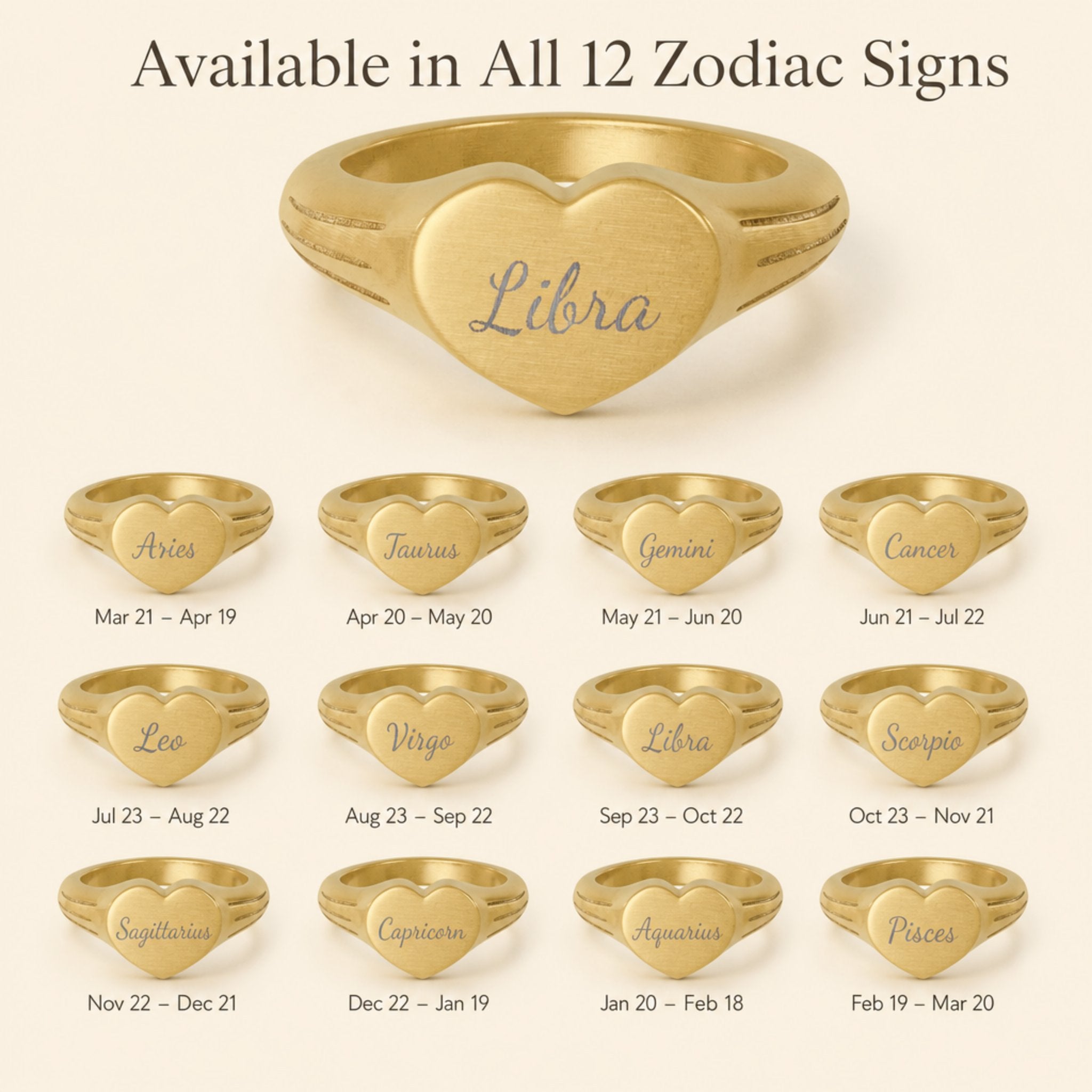 Libra zodiac heart signet ring — available in all 12 zodiac signs, variant grid with date ranges