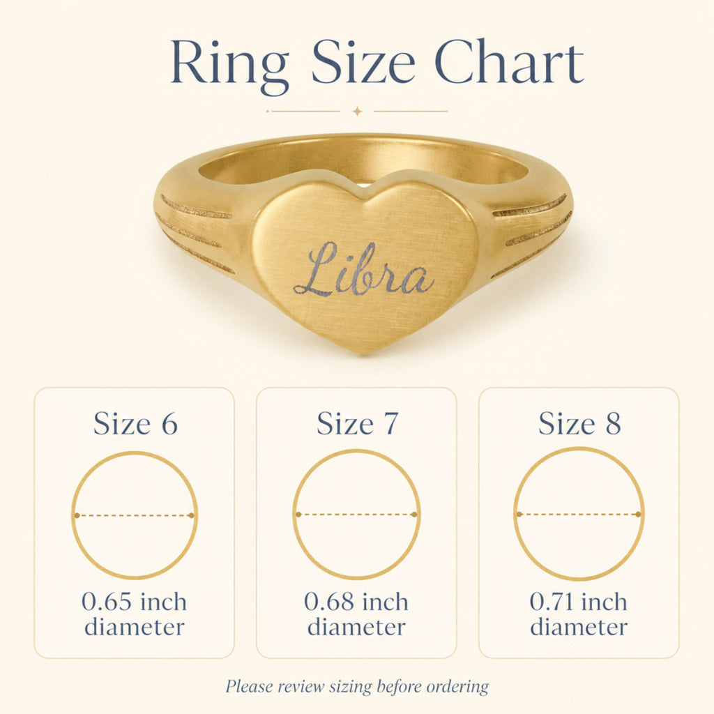 Libra zodiac heart signet ring size chart — sizes 6, 7, 8 with 0.65/0.68/0.71 inch diameter reference