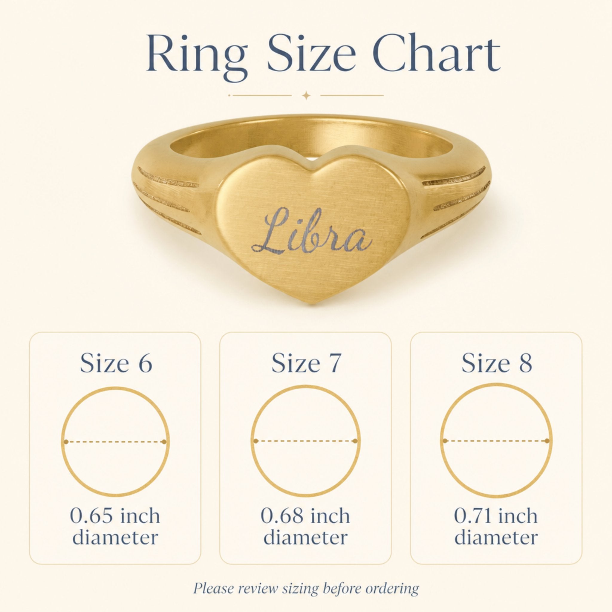 Libra zodiac heart signet ring size chart — sizes 6, 7, 8 with 0.65/0.68/0.71 inch diameter reference