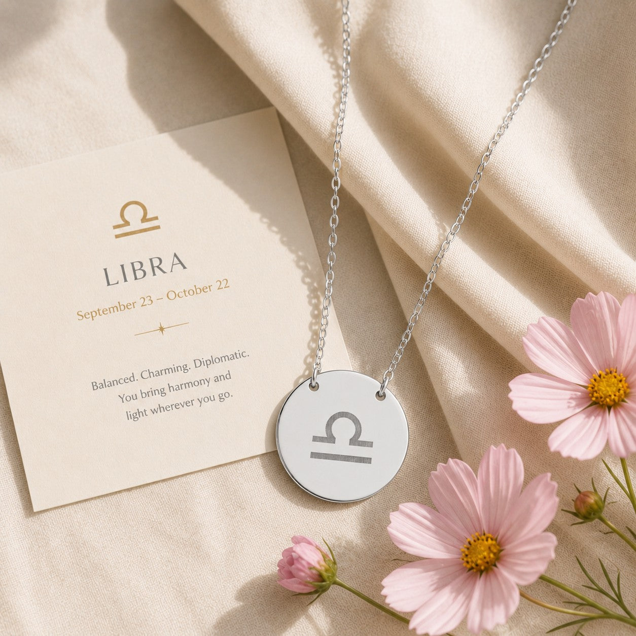 Libra zodiac coin necklace — engraved star sign pendant. Memory That Lasts.