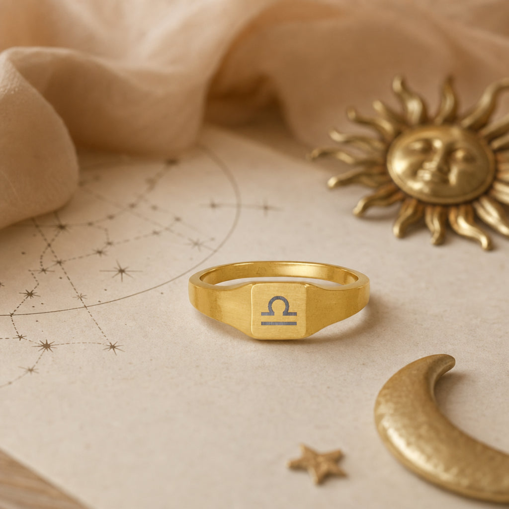 Libra zodiac square signet ring celestial flatlay — zodiac chart and brass star with engraved Libra signet, astrology gift styling